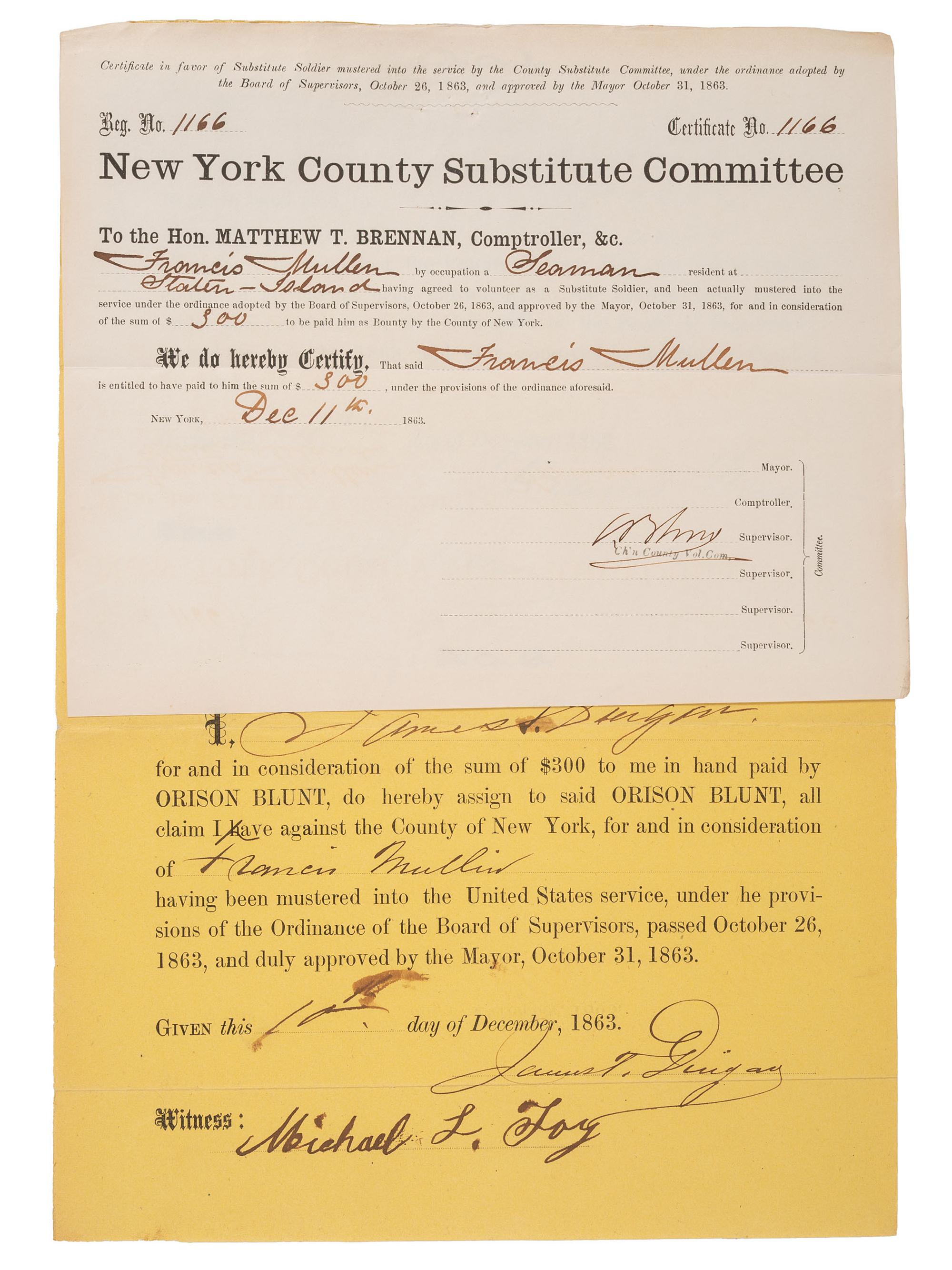 [CIVIL WAR] -- [DRAFT RIOTS]. Archive related to the New York City Draft Riots of 1863, incl. substitute bounty forms, correspondence, damage reimbursement checks, and more.