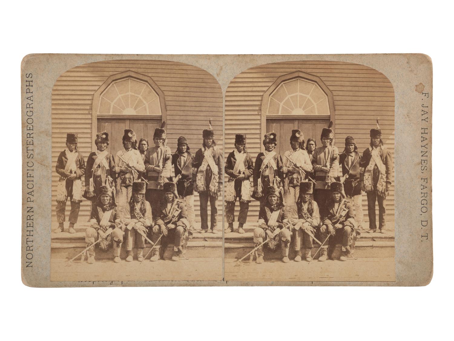 [NATIVE AMERICANS]. HAYNES, F. Jay, photographer. stereoview of Native American chiefs.