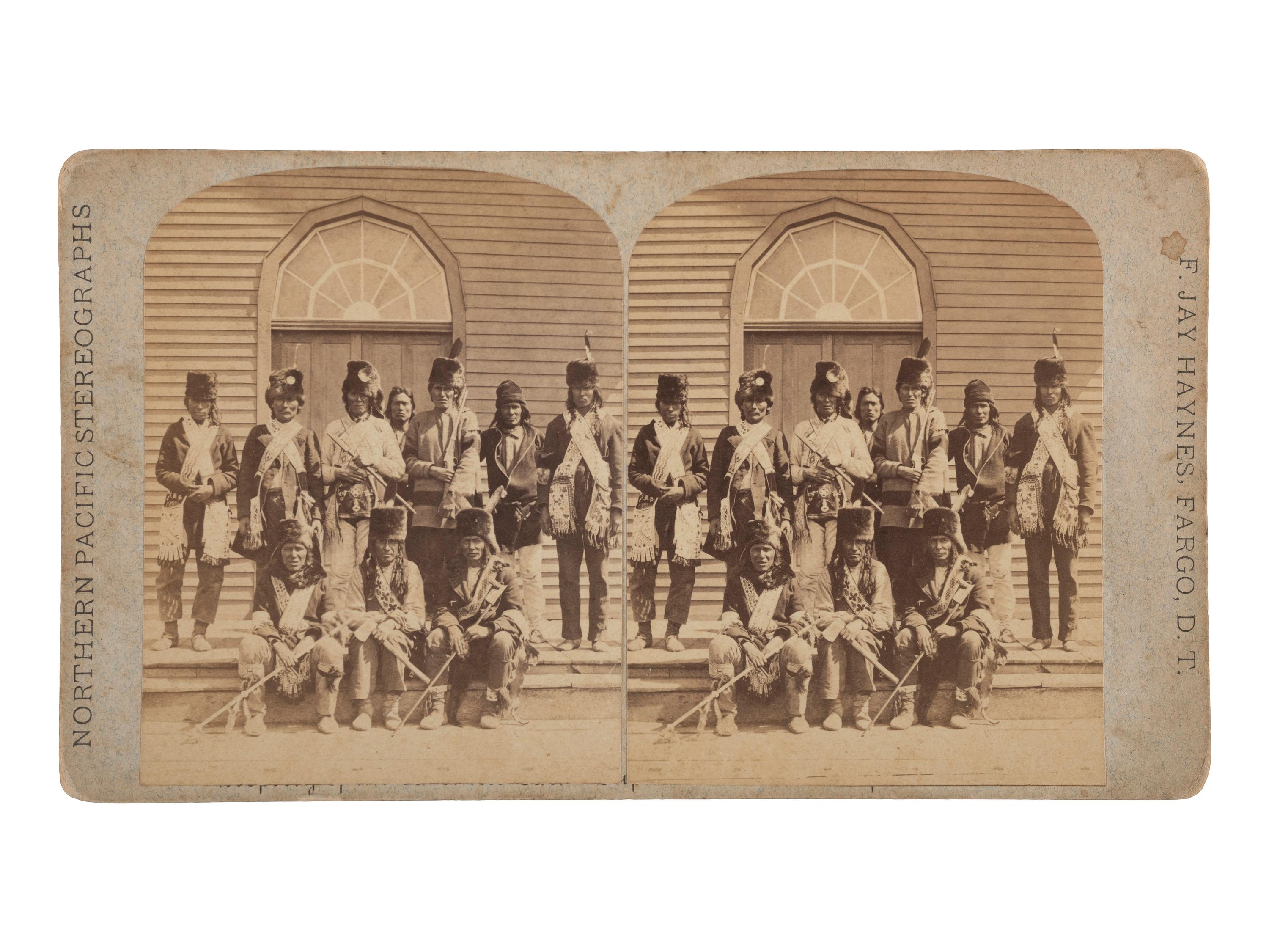 [NATIVE AMERICANS]. HAYNES, F. Jay, photographer. stereoview of Native American chiefs.