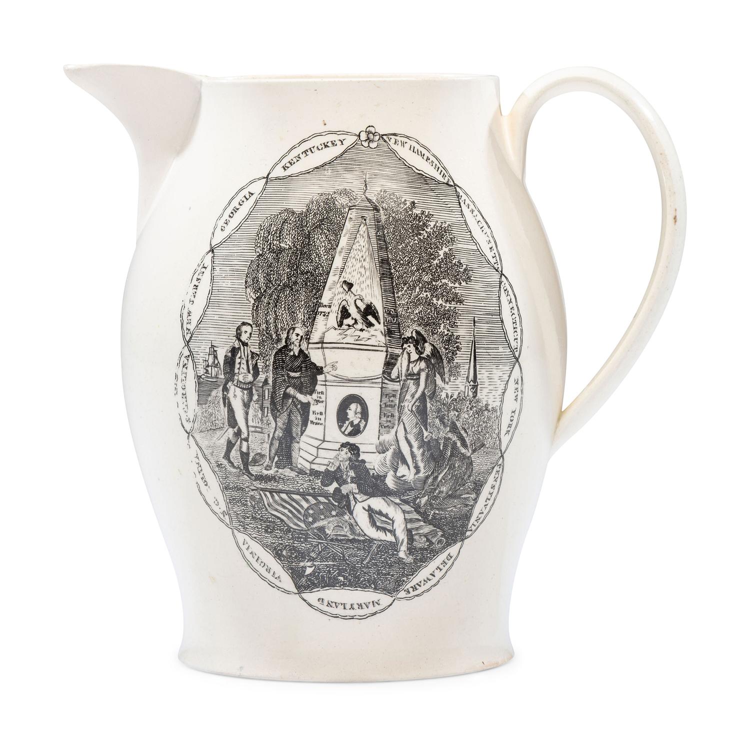 A Liverpool Transfer-Printed Creamware 'First in War, First in Peace / By Virtue and Valour' Pitcher