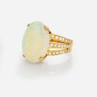 An 18K Yellow Gold, Diamond, and Opal Ring