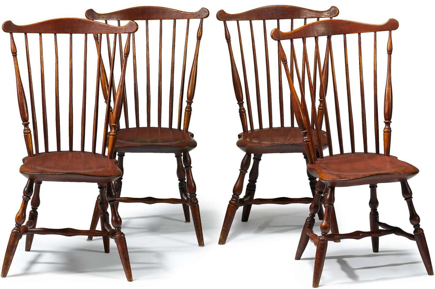 Four red-painted fan-back Windsor side chairs connecticut, late 18th century