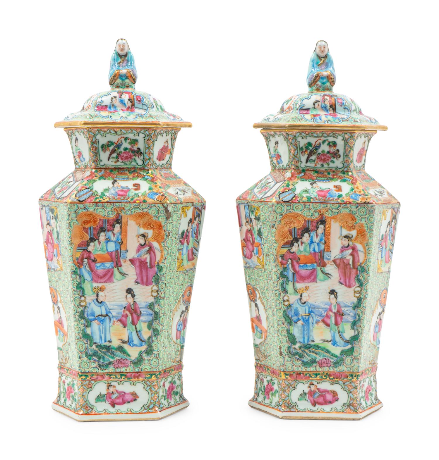 A Pair of Chinese Export Rose Medallion Porcelain Vases and Covers — 19TH CENTURY