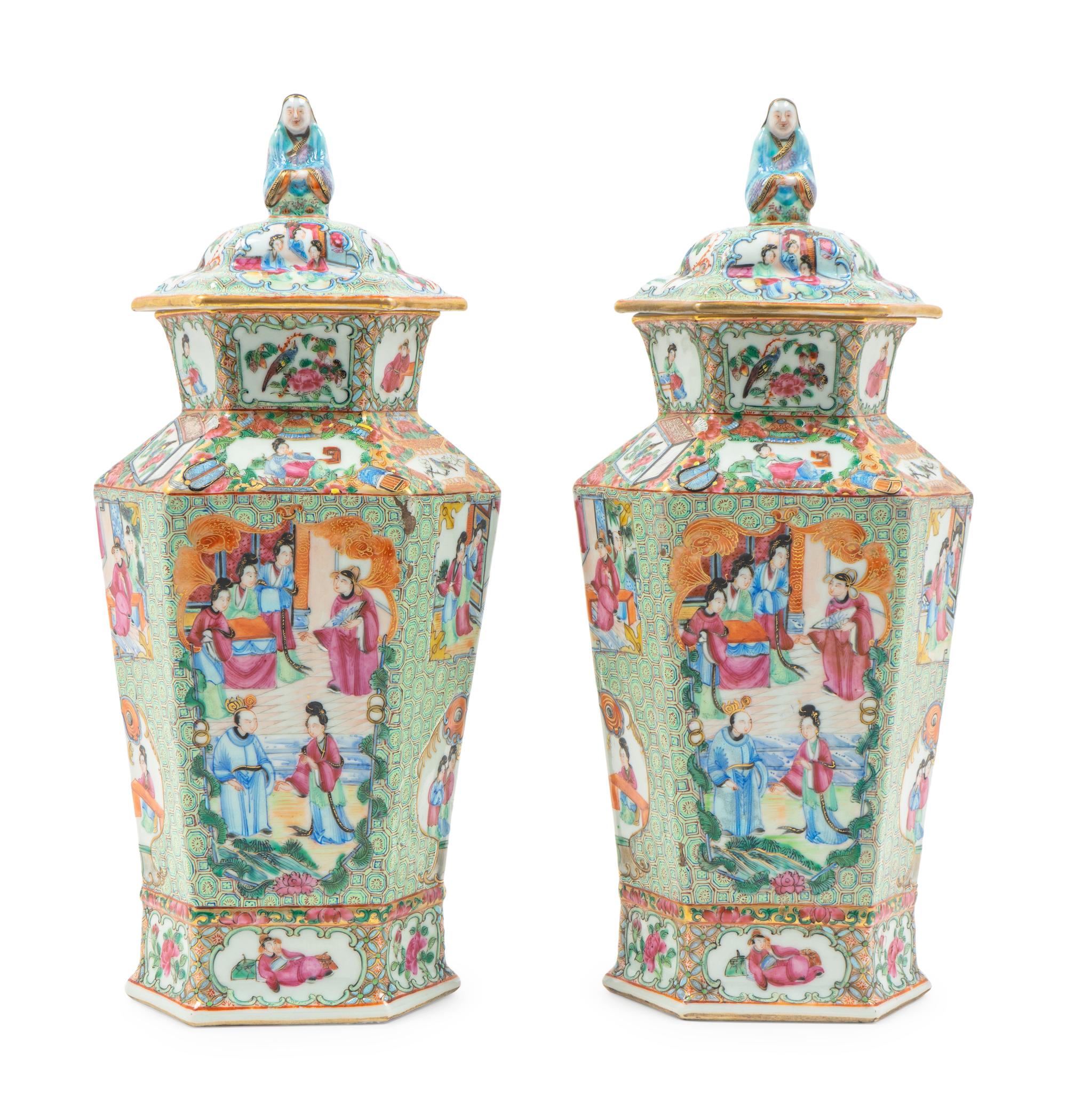 A Pair of Chinese Export Rose Medallion Porcelain Vases and Covers — 19TH CENTURY