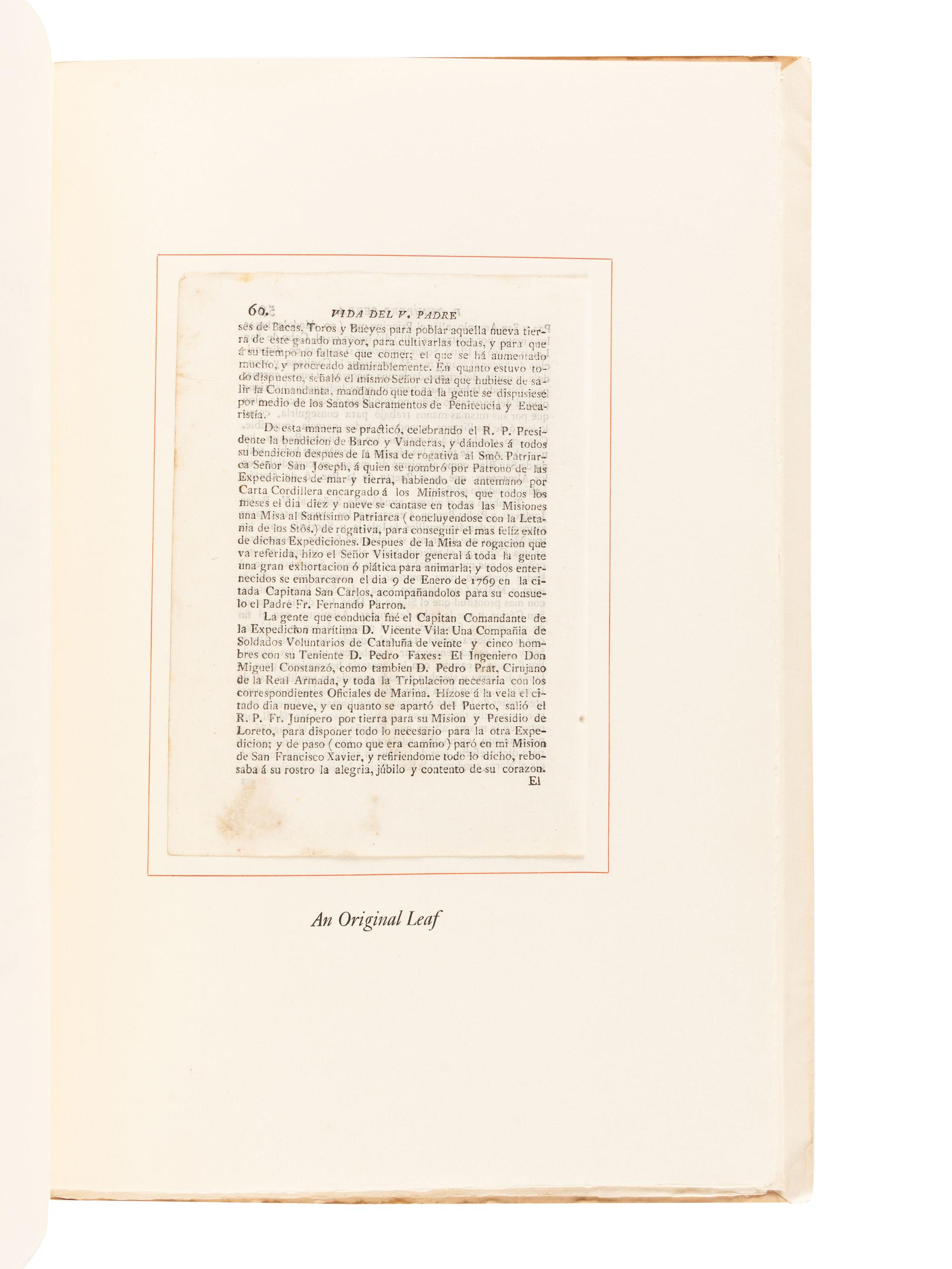 [GRABHORN PRESS]. PALOU, Francisco (1723-1789) & MAGEE, David (1905-1977). An Original Leaf from Francisco Palou's Life of...Father Junipero Serra, 1787 . San Francisco: The Grabhorn Press, 1958.