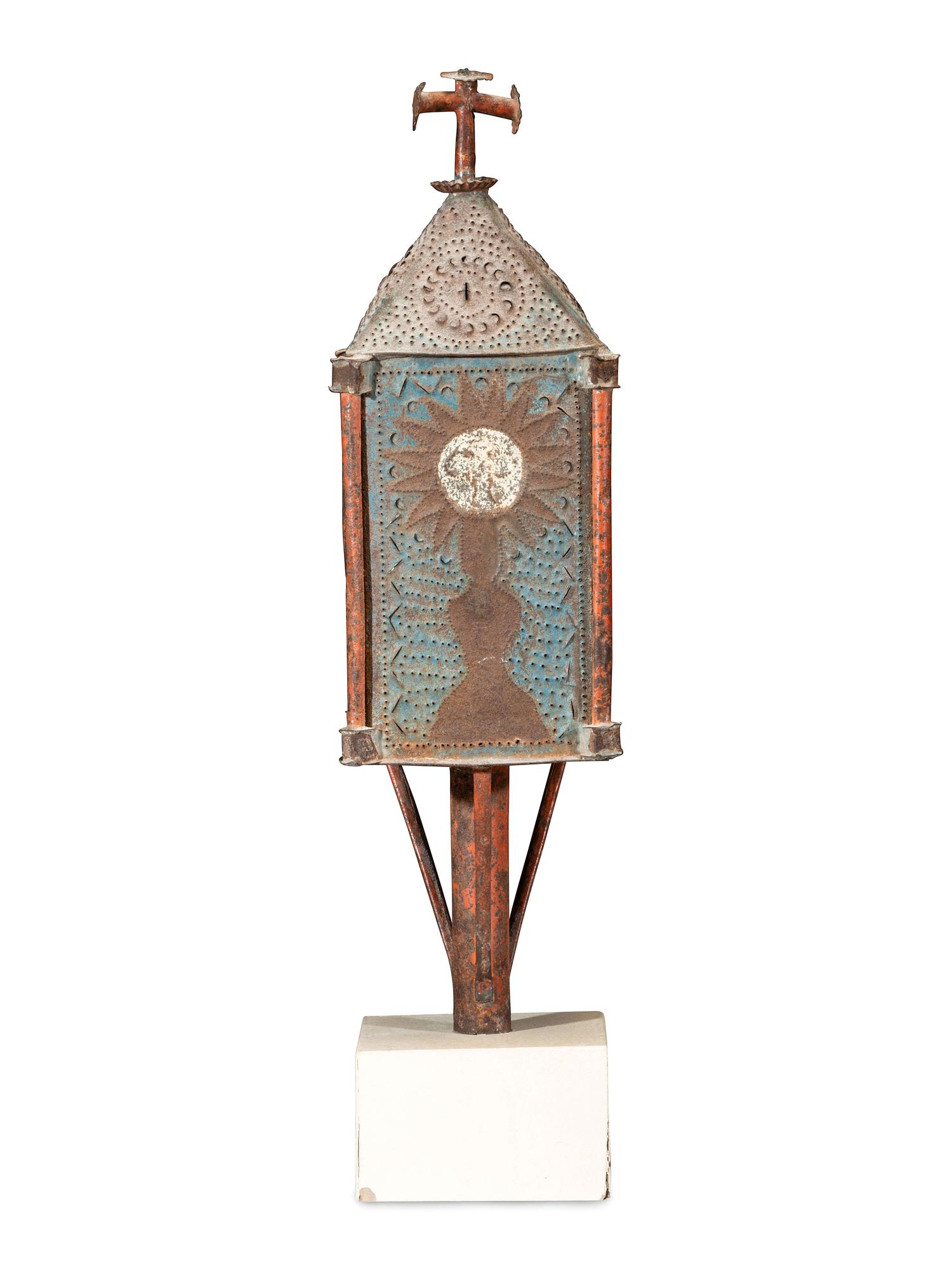 A Southwest American Painted and Punched Processional Tin Lantern on Stand