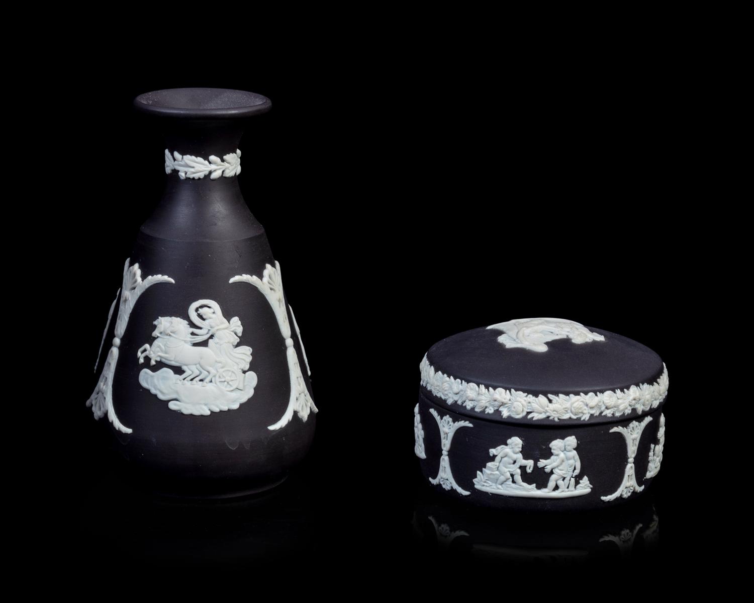 A Herend Porcelain Duck, Two Baccarat Glass Animals, a Baccarat Glass Perfume Bottle and Two Wedgwood Jasperware Articles