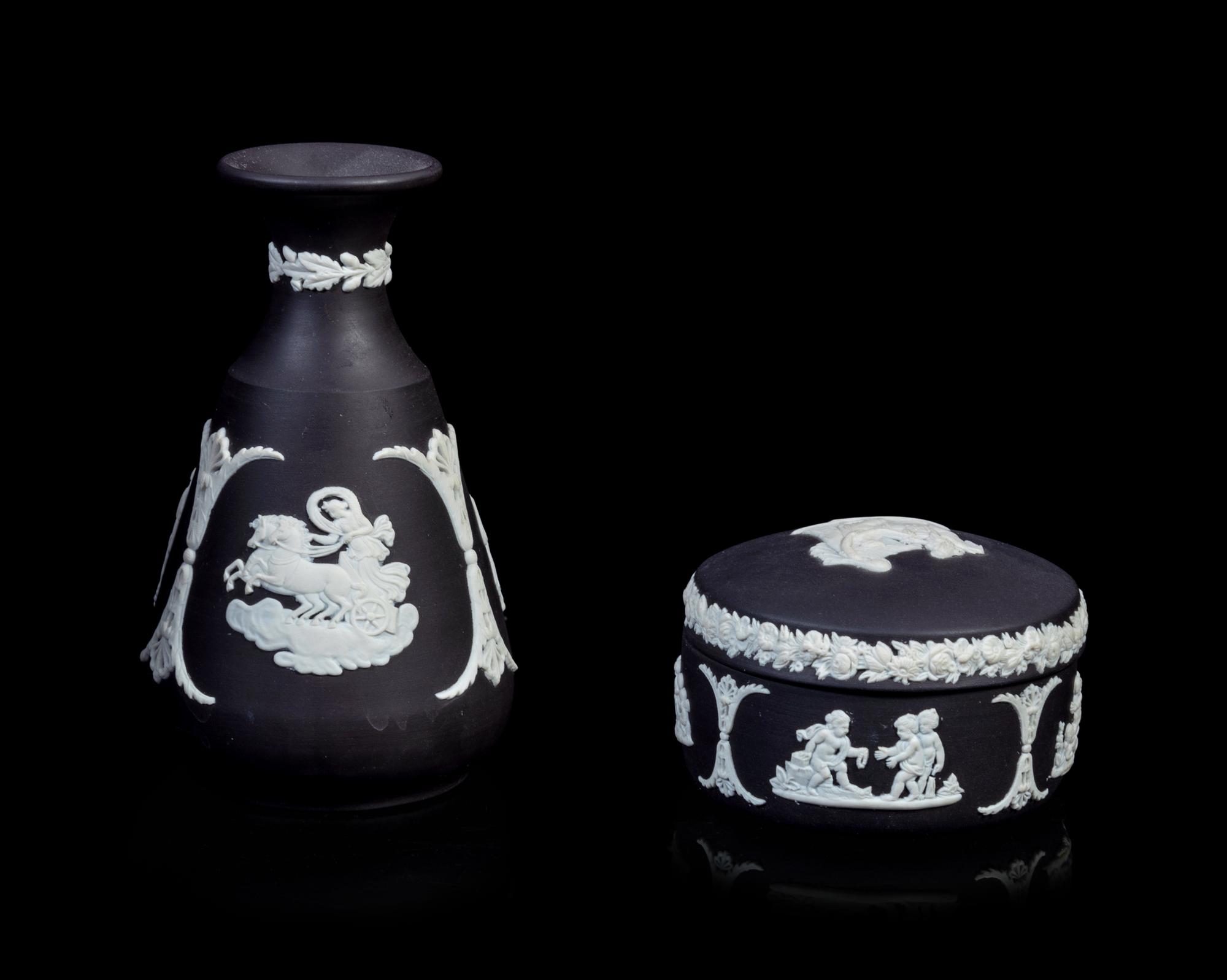 A Herend Porcelain Duck, Two Baccarat Glass Animals, a Baccarat Glass Perfume Bottle and Two Wedgwood Jasperware Articles