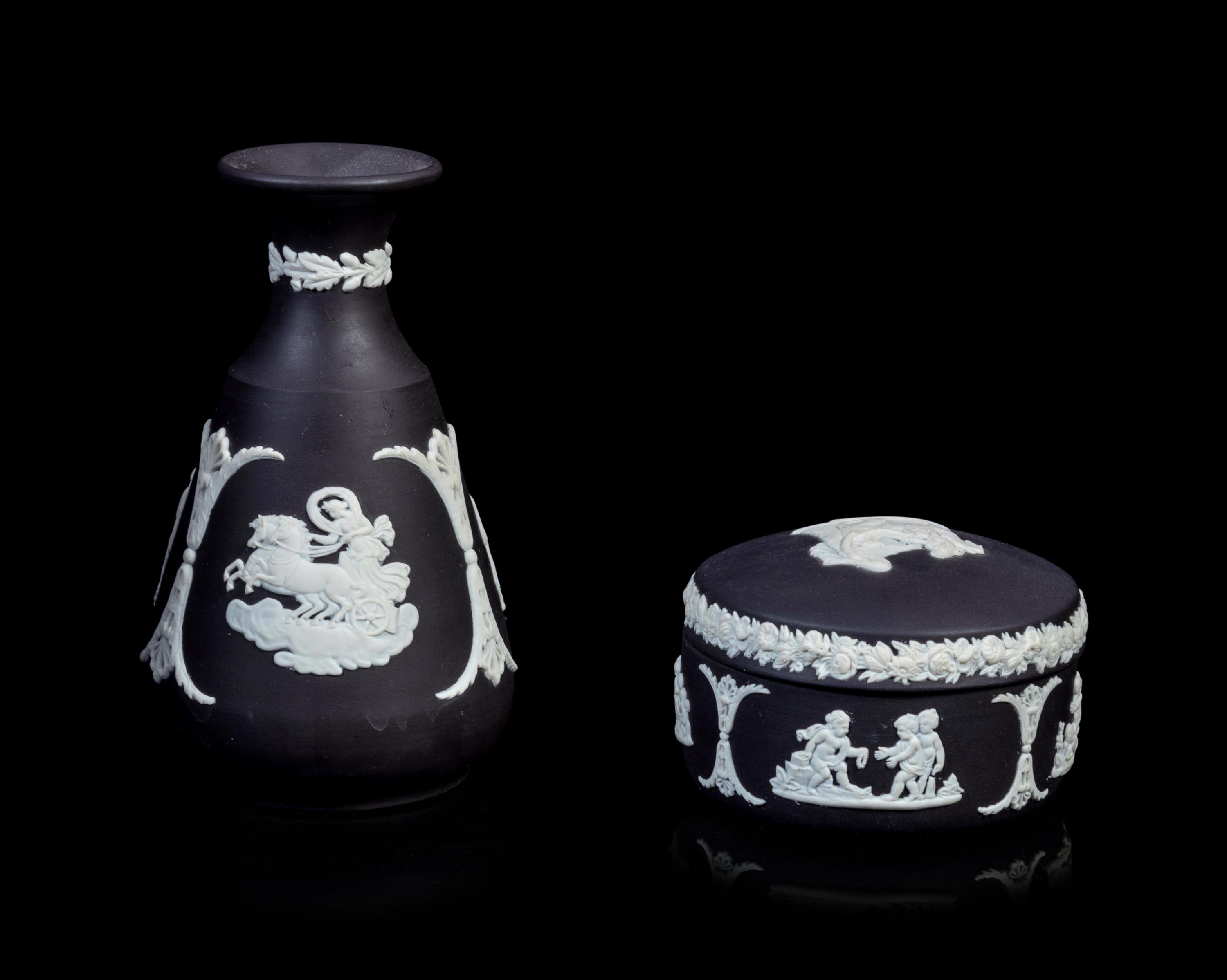 A Herend Porcelain Duck, Two Baccarat Glass Animals, a Baccarat Glass Perfume Bottle and Two Wedgwood Jasperware Articles