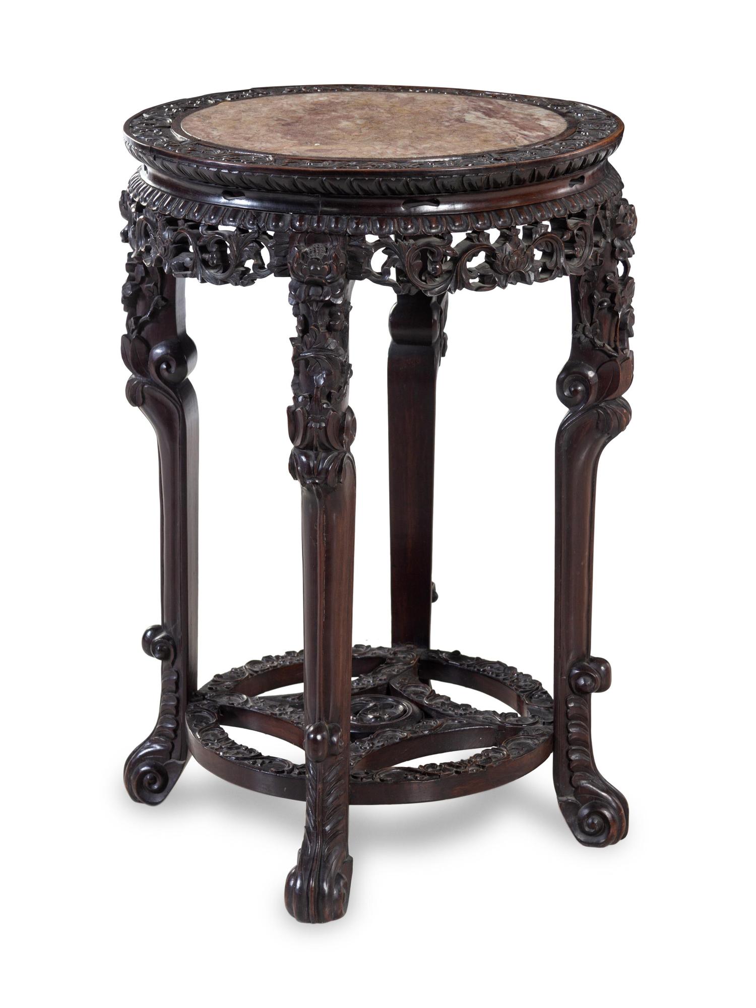 A Chinese Carved Hardwood and Marble-Inset Table