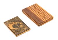 Two Wood Card Cases, Height of taller 4 inches.
