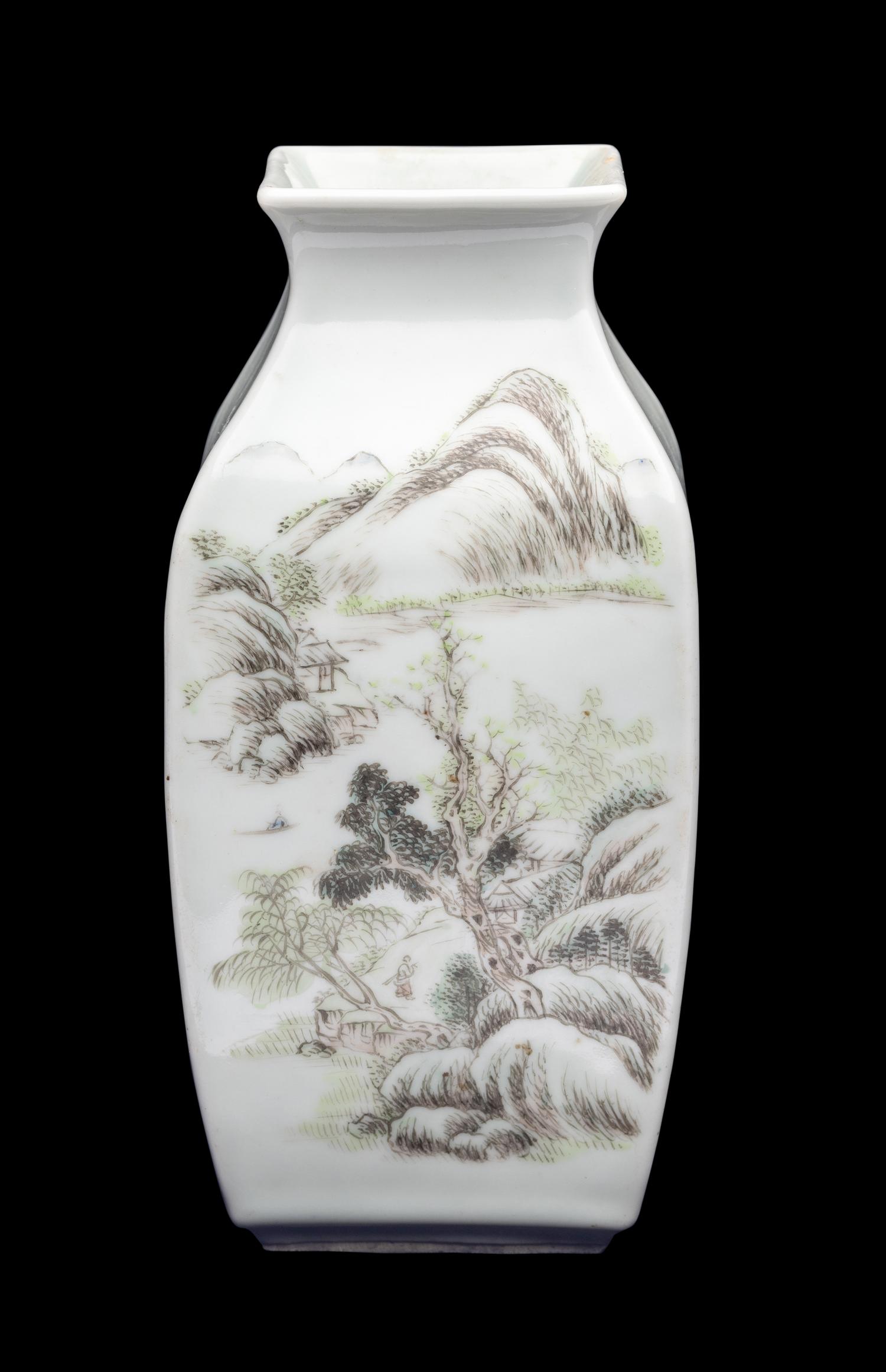 A Chinese Grisaille Decorated Porcelain 'Bamboo and Landscape' Square Vase