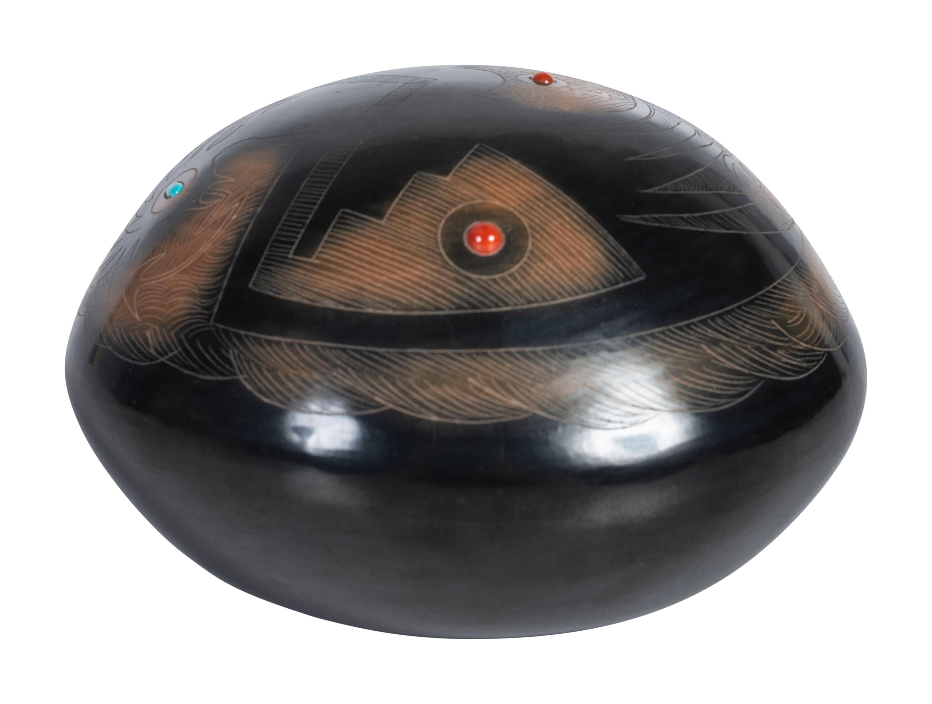 Black and Sienna Sgraffito Pottery Seed Jar, with Coral and Turquoise Beads