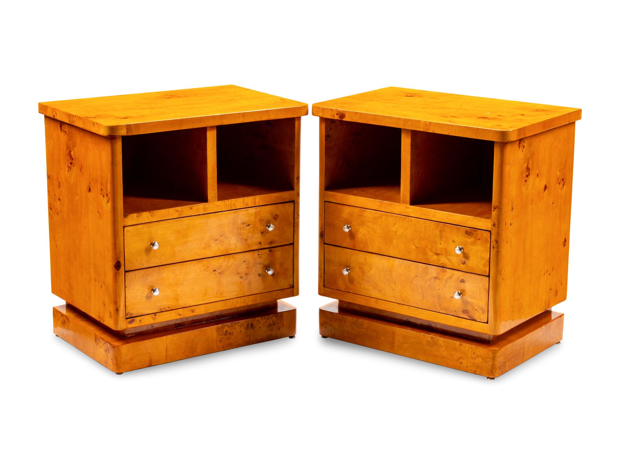 A Pair of Art Deco Style Burlwood Bedside Tables