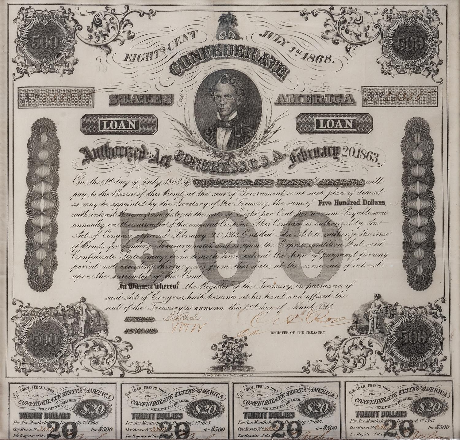 [CIVIL WAR]. A group of 11 Confederate bonds, incl. $500 and $1000 examples.
