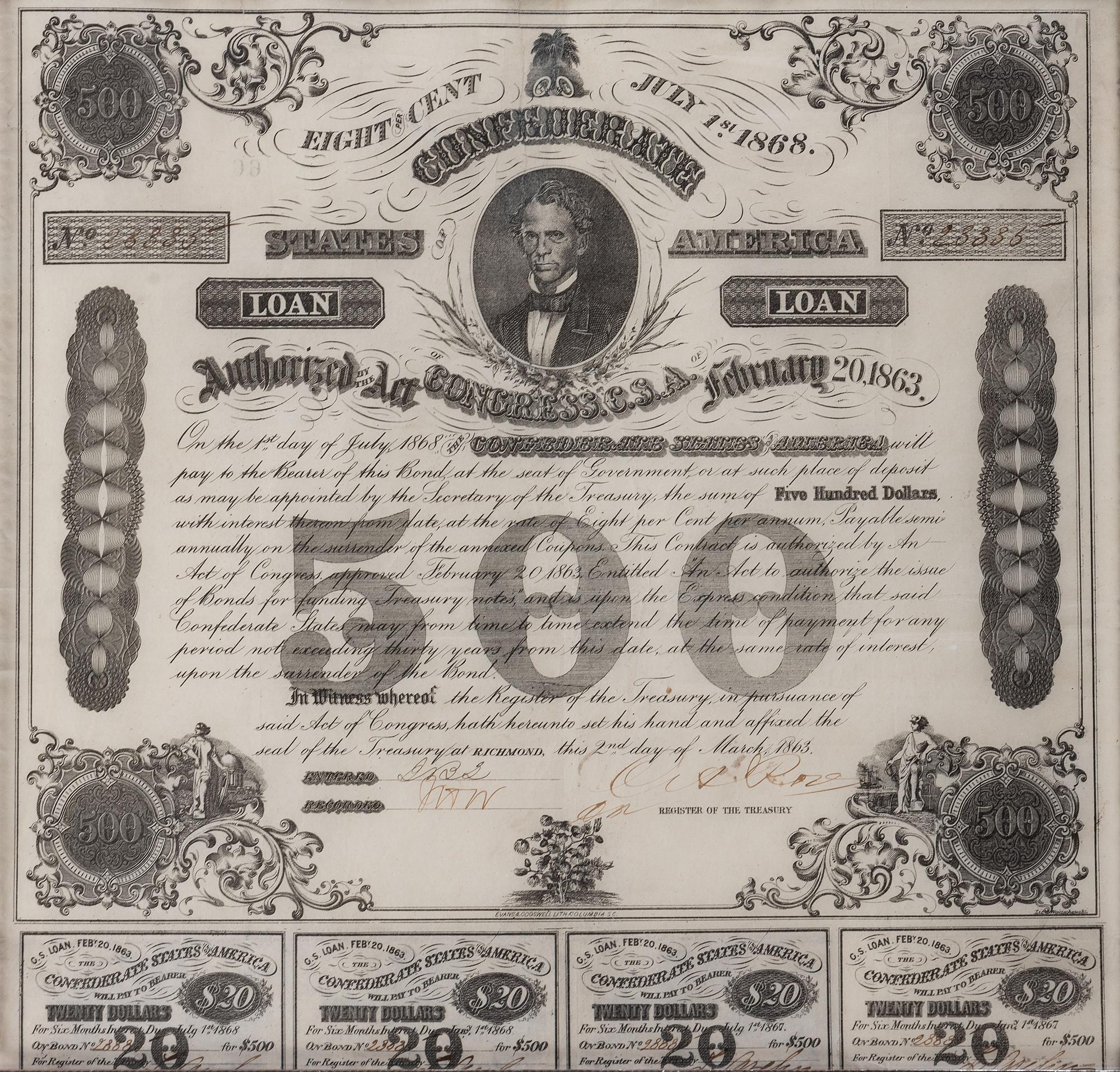 [CIVIL WAR]. A group of 11 Confederate bonds, incl. $500 and $1000 examples.