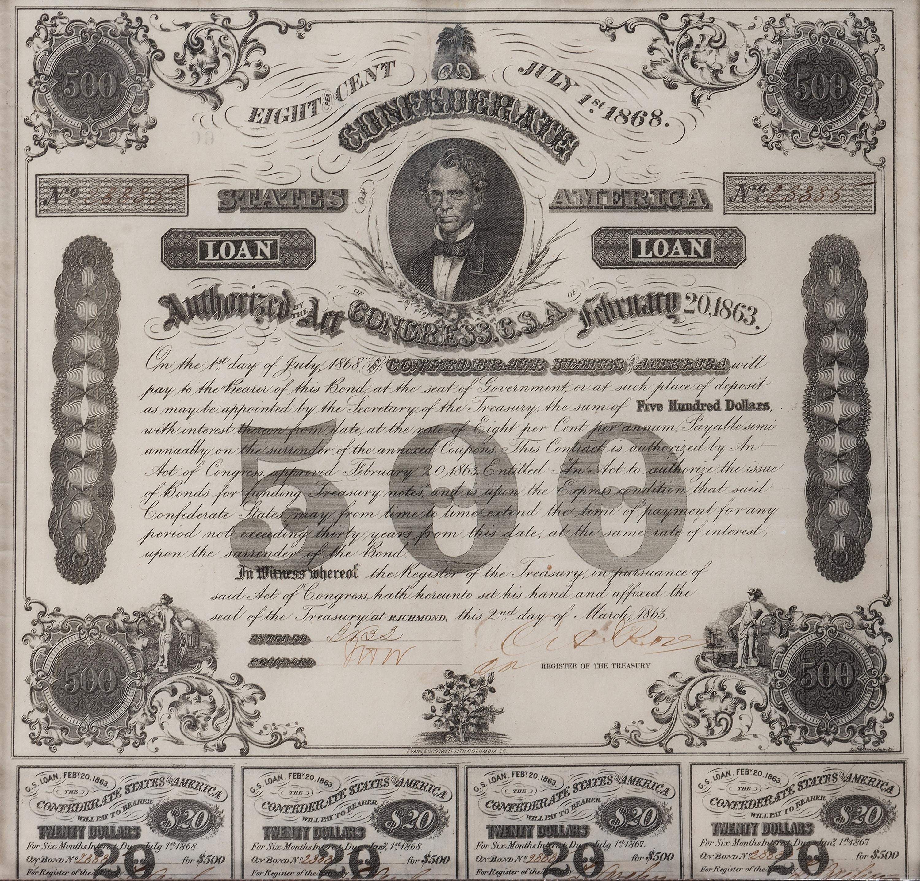 [CIVIL WAR]. A group of 11 Confederate bonds, incl. $500 and $1000 examples.