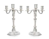 A Pair of French Silver-Plate Three-Light Candelabra, Christofle, Paris, Second Half 20th Century, Cluny pattern, with original Christo
