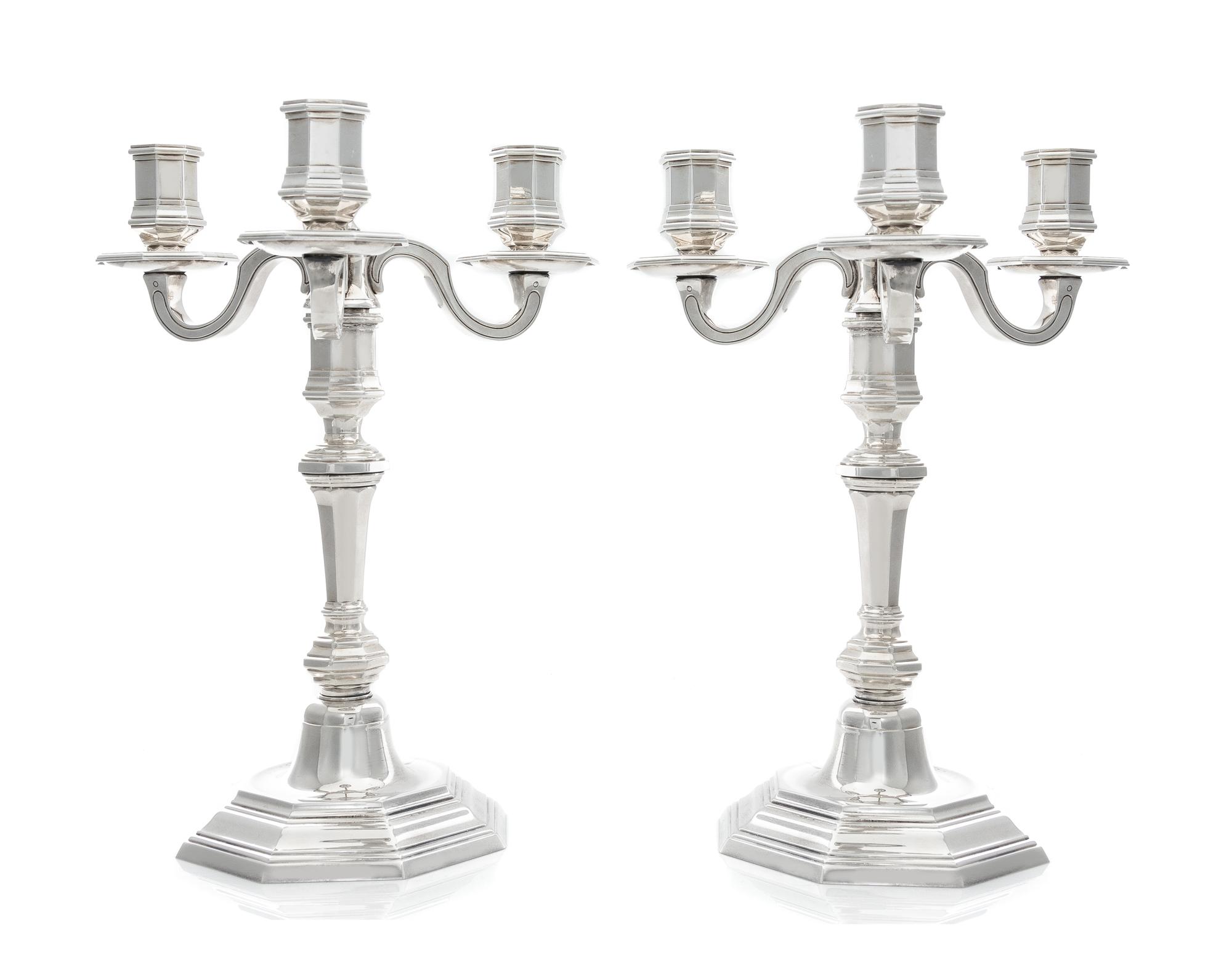 A Pair of French Silver-Plate Three-Light Candelabra, Christofle, Paris, Second Half 20th Century, Cluny pattern, with original Christo