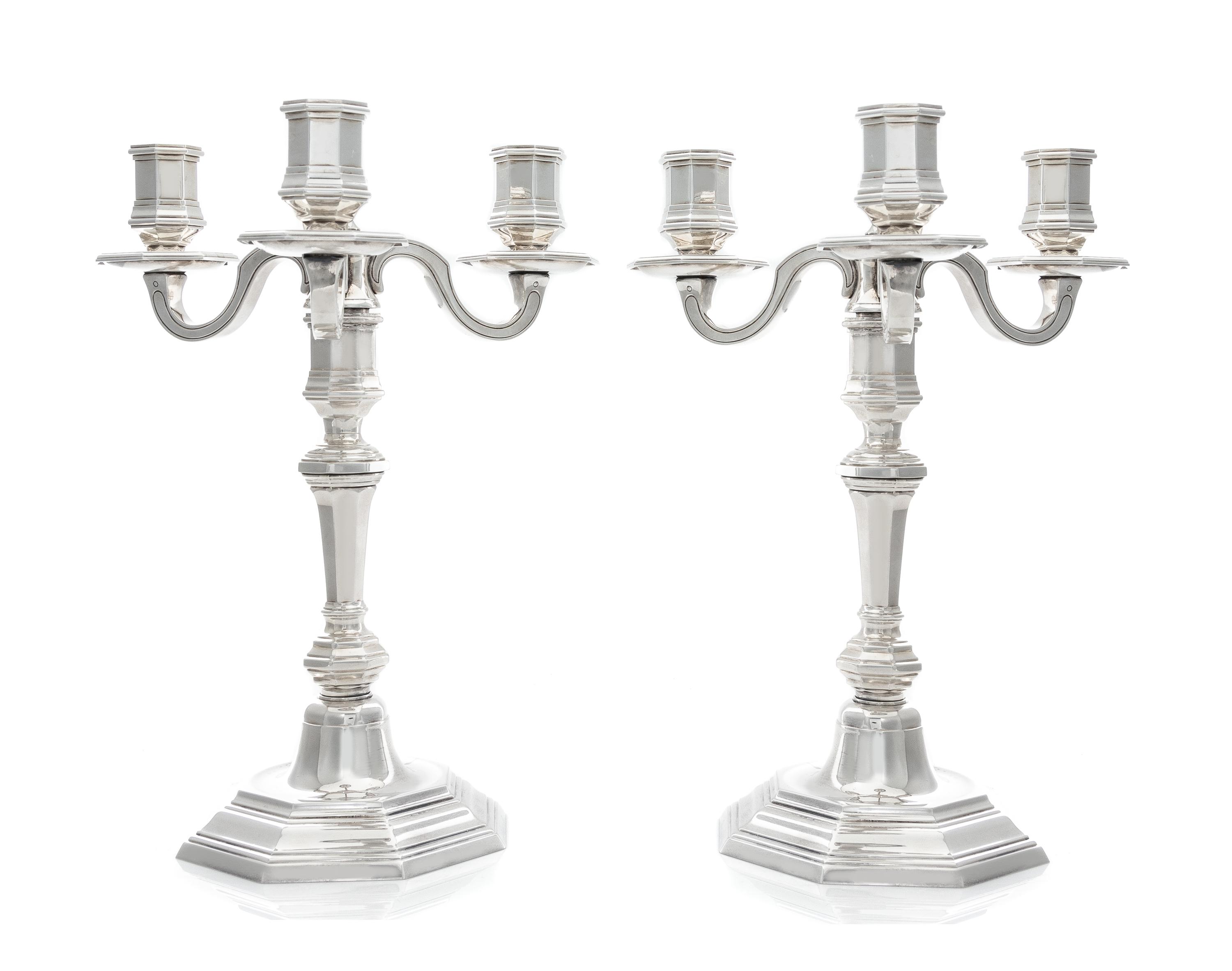 A Pair of French Silver-Plate Three-Light Candelabra, Christofle, Paris, Second Half 20th Century, Cluny pattern, with original Christo