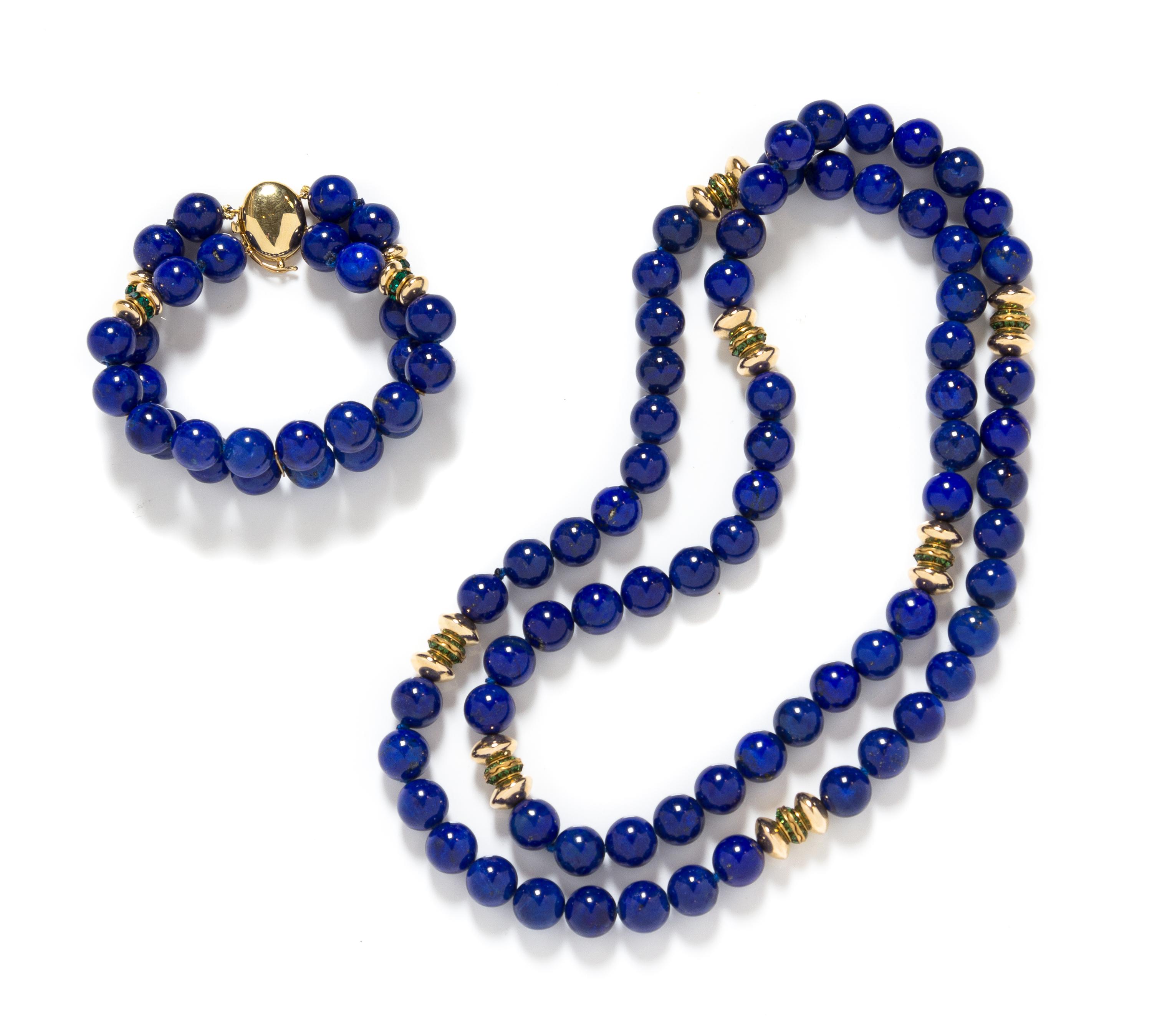 A 14 Karat Yellow, Lapis Lazuli, Gold Bead and Rhinestone Demi Parure,