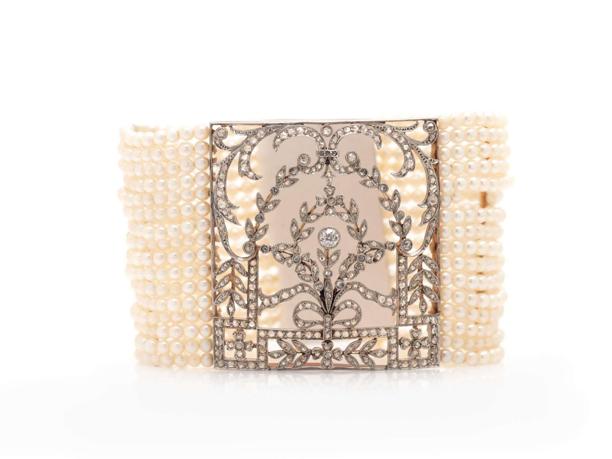 FRENCH, BELLE ÉPOQUE, DIAMOND AND MULTISTRAND SEED PEARL BRACELET
