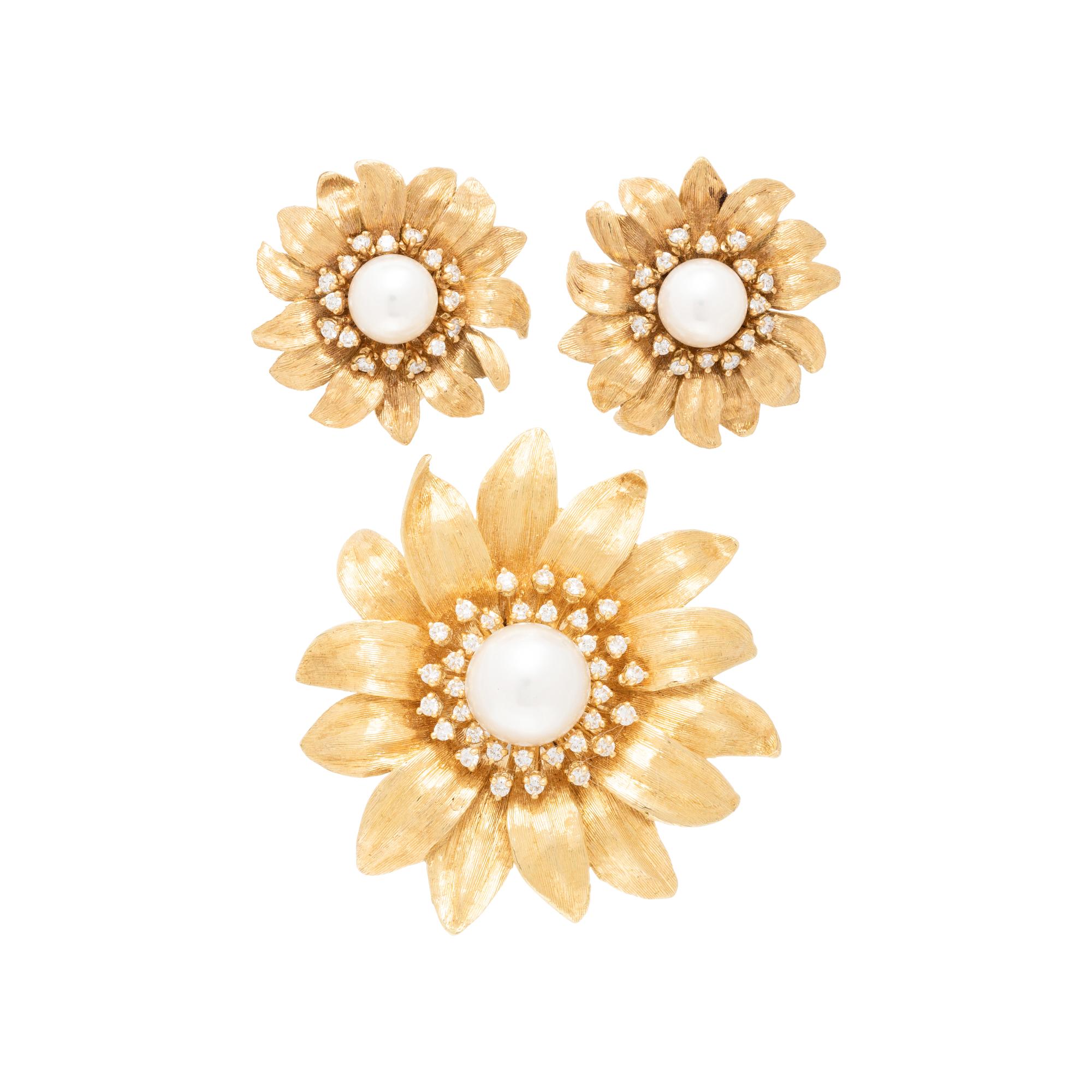 BIELKA, YELLOW GOLD, CULTURED PEARL AND DIAMOND SUNFLOWER SET