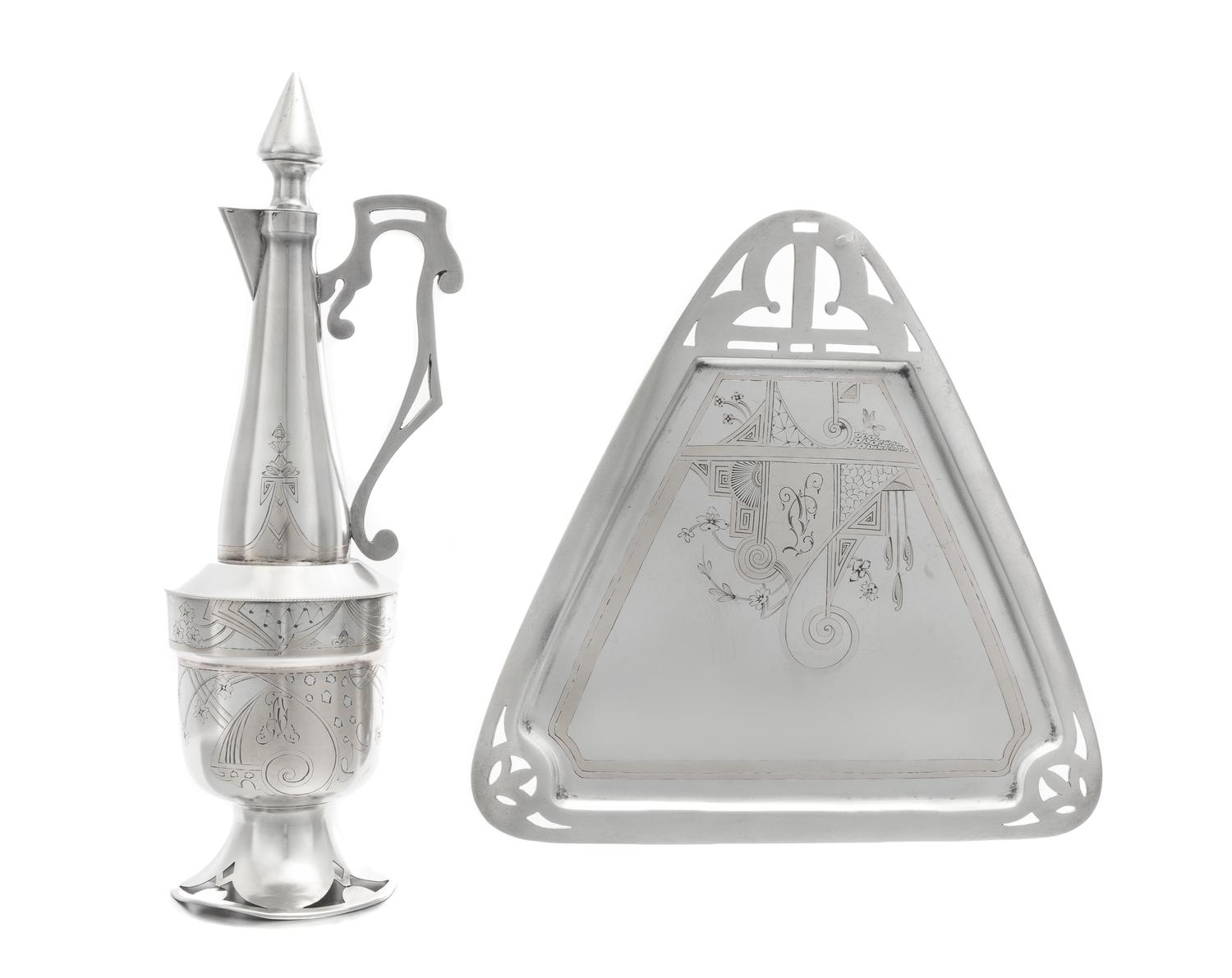 A Russian Silver Ewer and Serving Tray, Mark of Fyodor Ivanov, Moscow, Late 19th Century, each in the Art Nouveau taste.