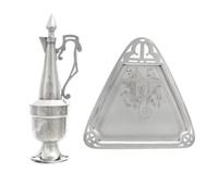 A Russian Silver Ewer and Serving Tray, Mark of Fyodor Ivanov, Moscow, Late 19th Century, each in the Art Nouveau taste.