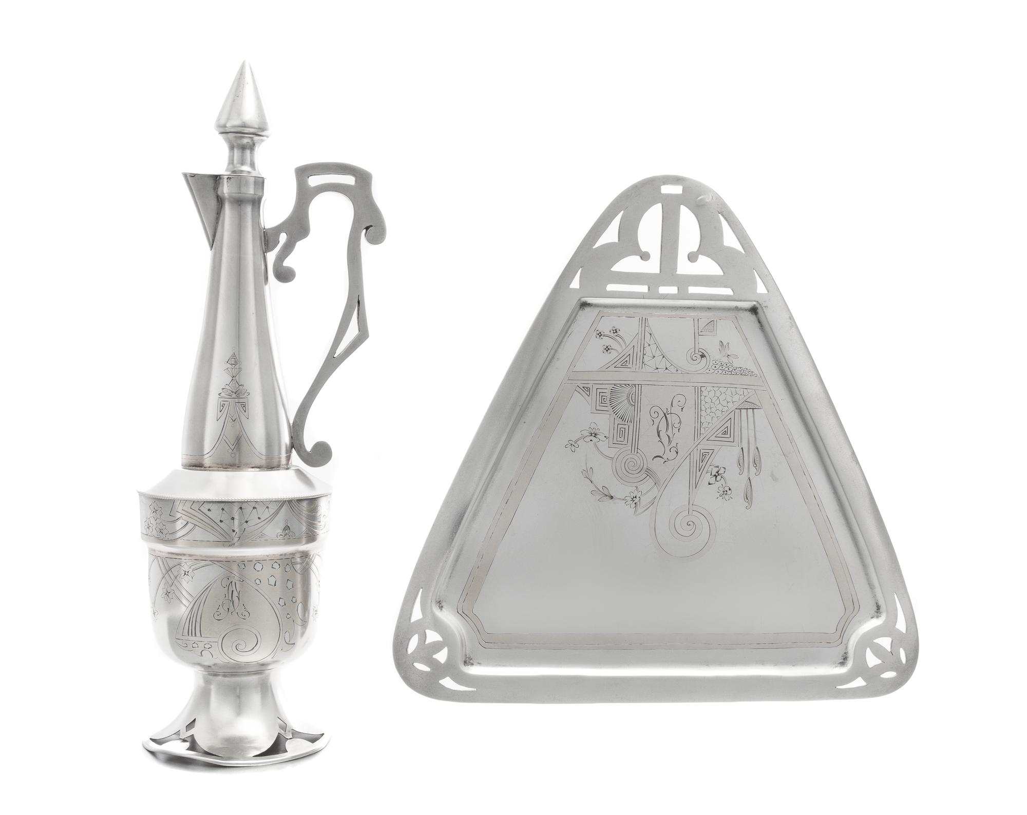 A Russian Silver Ewer and Serving Tray, Mark of Fyodor Ivanov, Moscow, Late 19th Century, each in the Art Nouveau taste.