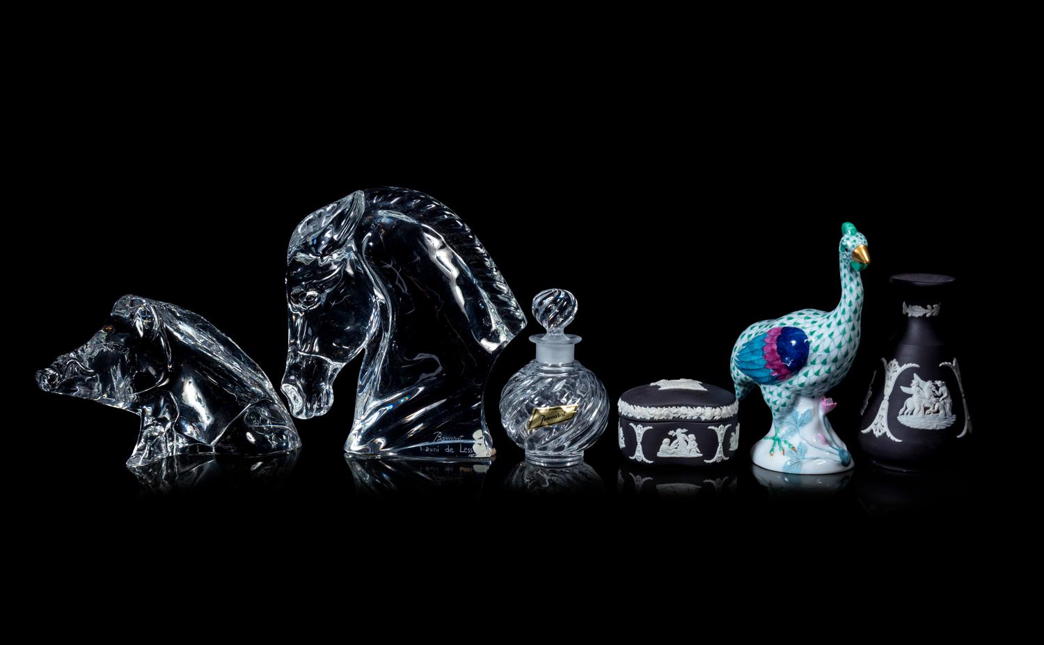 A Herend Porcelain Duck, Two Baccarat Glass Animals, a Baccarat Glass Perfume Bottle and Two Wedgwood Jasperware Articles