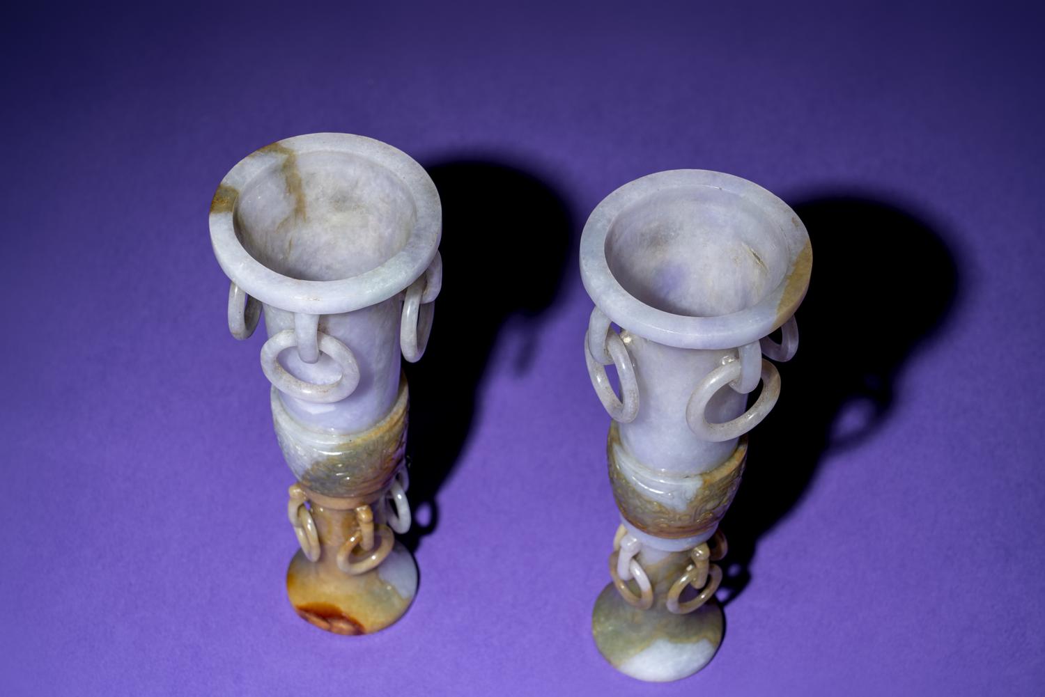 A Pair of Chinese Lavender and Russet Jadeite Gu Vases