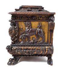 A Pair of Italian Renaissance Style Parcel Gilt Walnut Cassoni Height 32 x width 72 x depth 25 inches. — 19TH CENTURY WITH 17TH CENTURY ELEMENTS