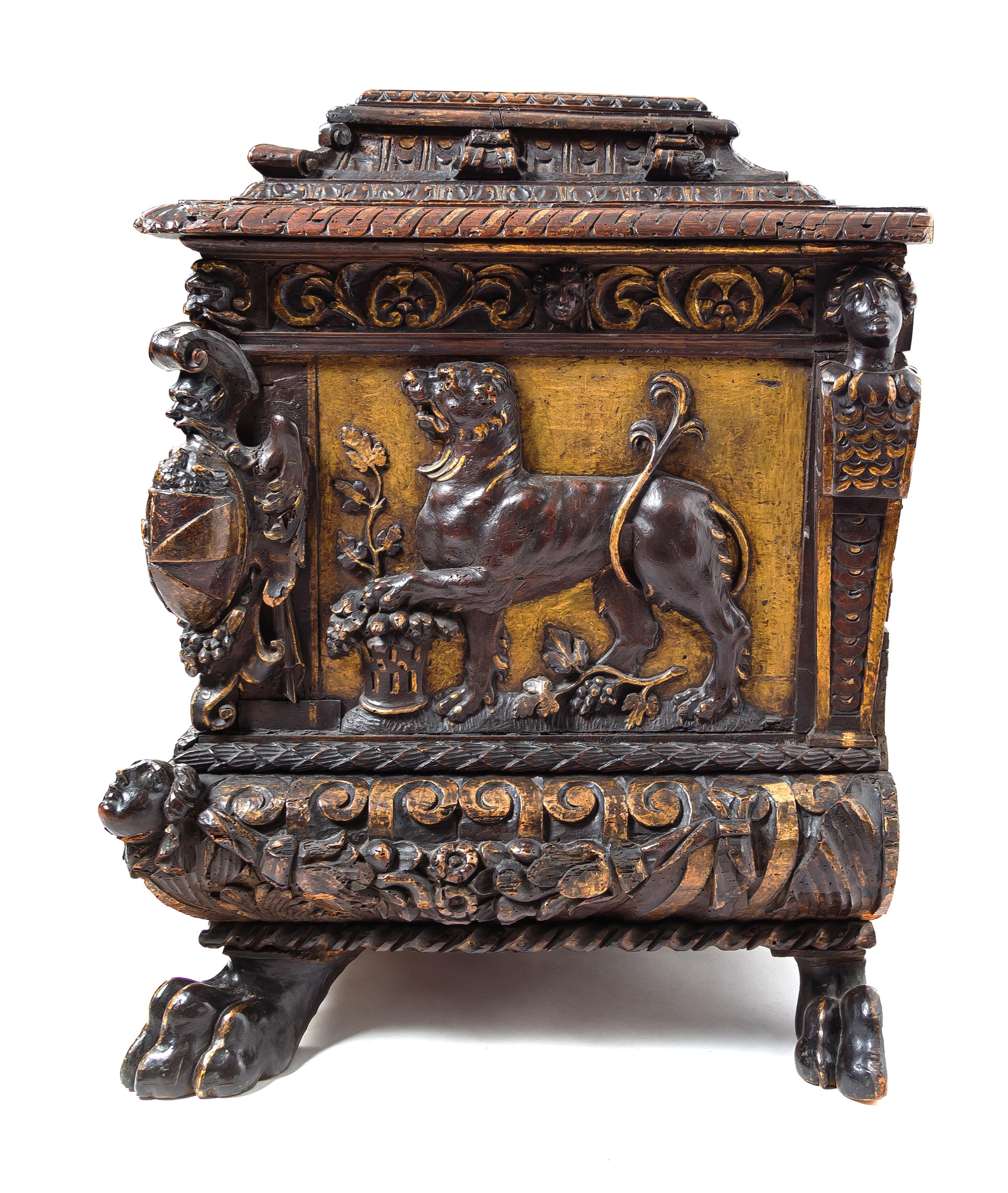 A Pair of Italian Renaissance Style Parcel Gilt Walnut Cassoni Height 32 x width 72 x depth 25 inches. — 19TH CENTURY WITH 17TH CENTURY ELEMENTS