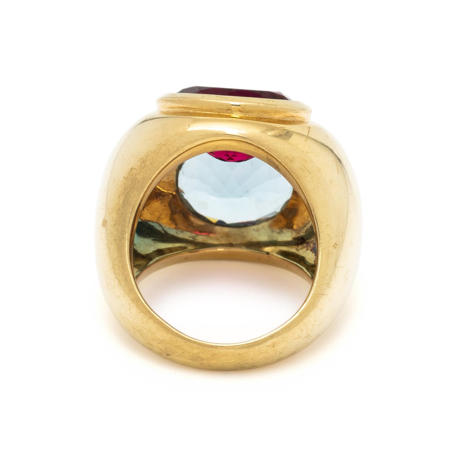 TIFFANY & CO., PALOMA PICASSO, YELLOW GOLD, AQUAMARINE, AND RUBELLITE TOURMALINE RING