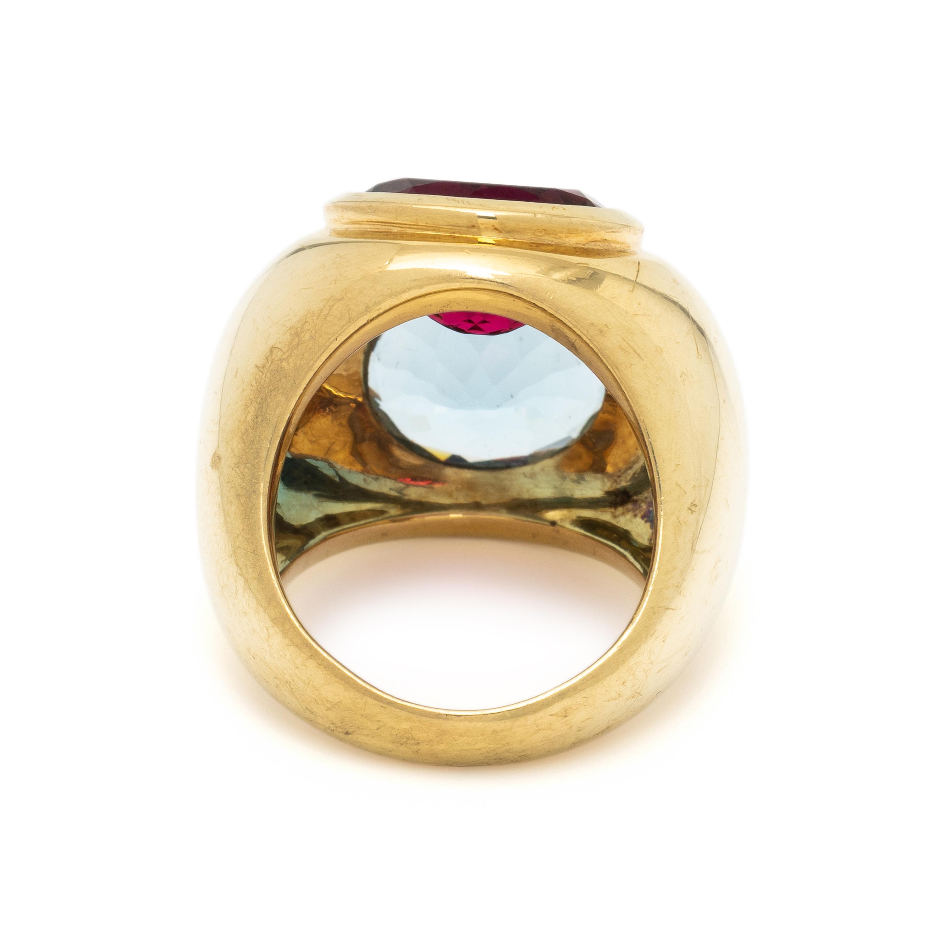 TIFFANY & CO., PALOMA PICASSO, YELLOW GOLD, AQUAMARINE, AND RUBELLITE TOURMALINE RING