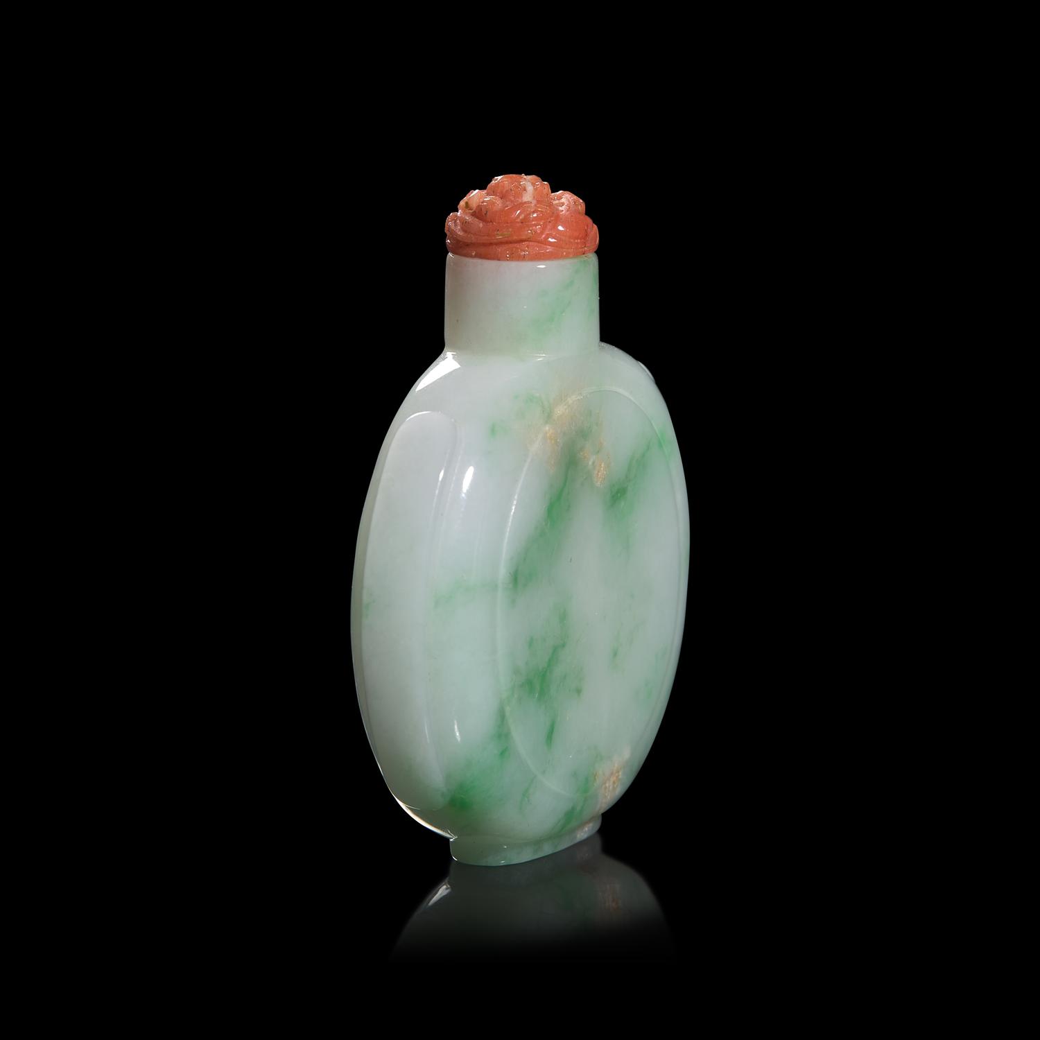 A Chinese Carved Jadeite Flask Form Snuff Bottle