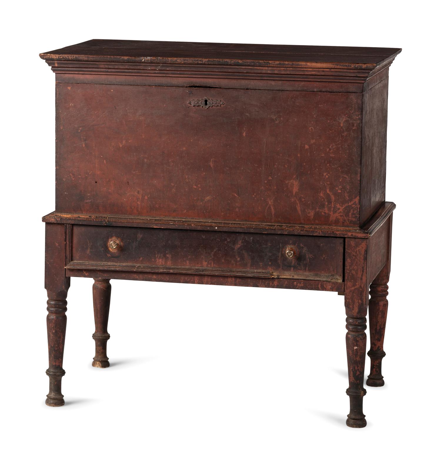 A Late Federal Red-Stained and Figured Mixed Woods Chest on Stand