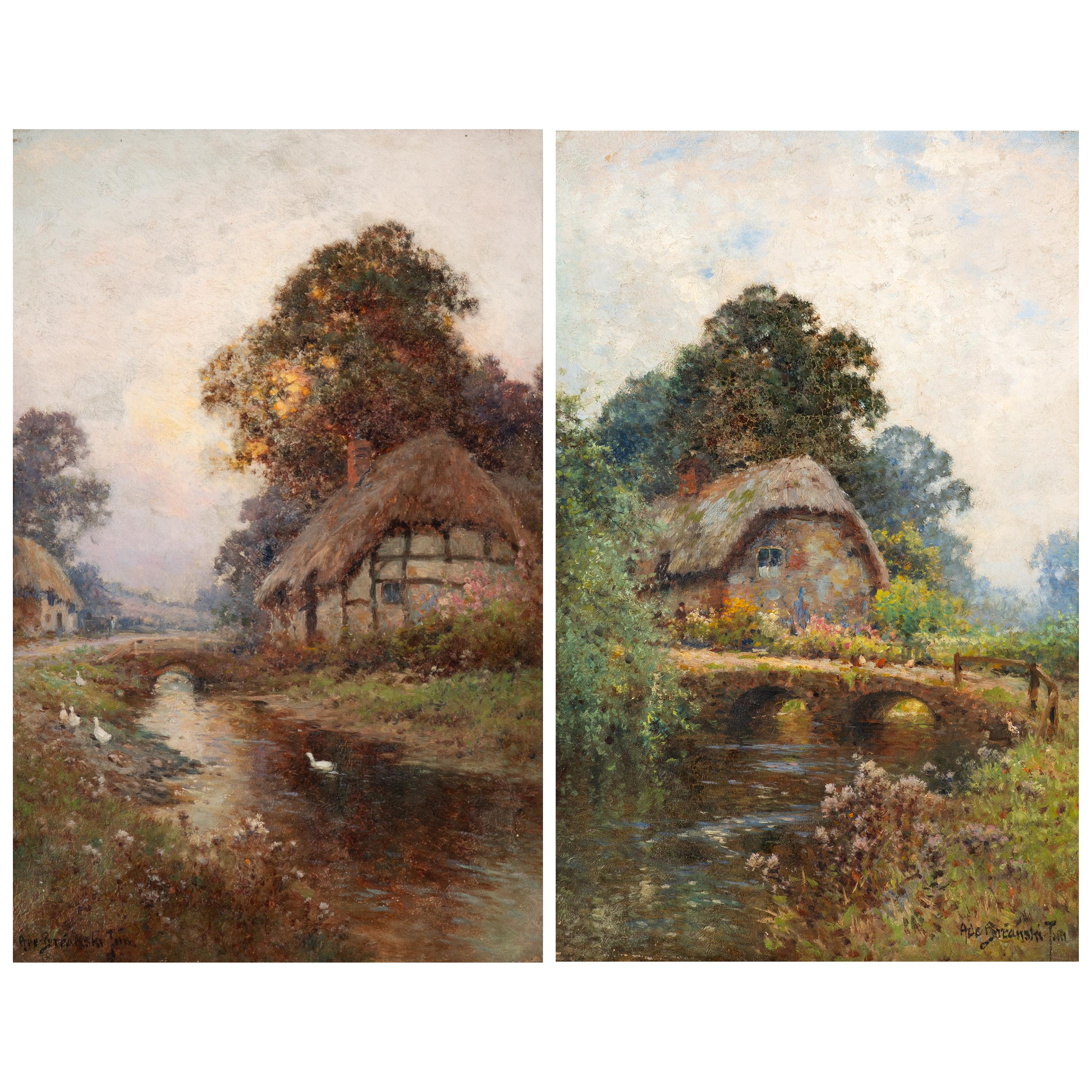 Alfred Fontville De Breanski Jr. (British, 1877-1957) — Cottages Overlooking a Stream (Two Works)