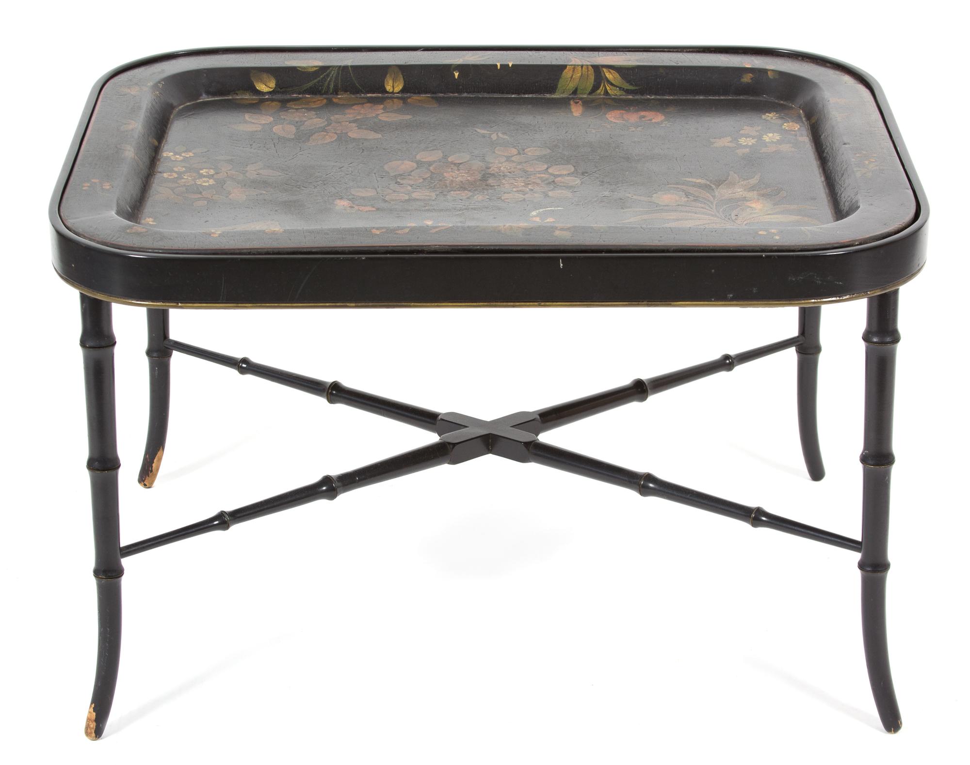 A Regency Style Lacquered Tray on Stand Height 20 x width 32 x depth 23 inches. — 19TH CENTURY