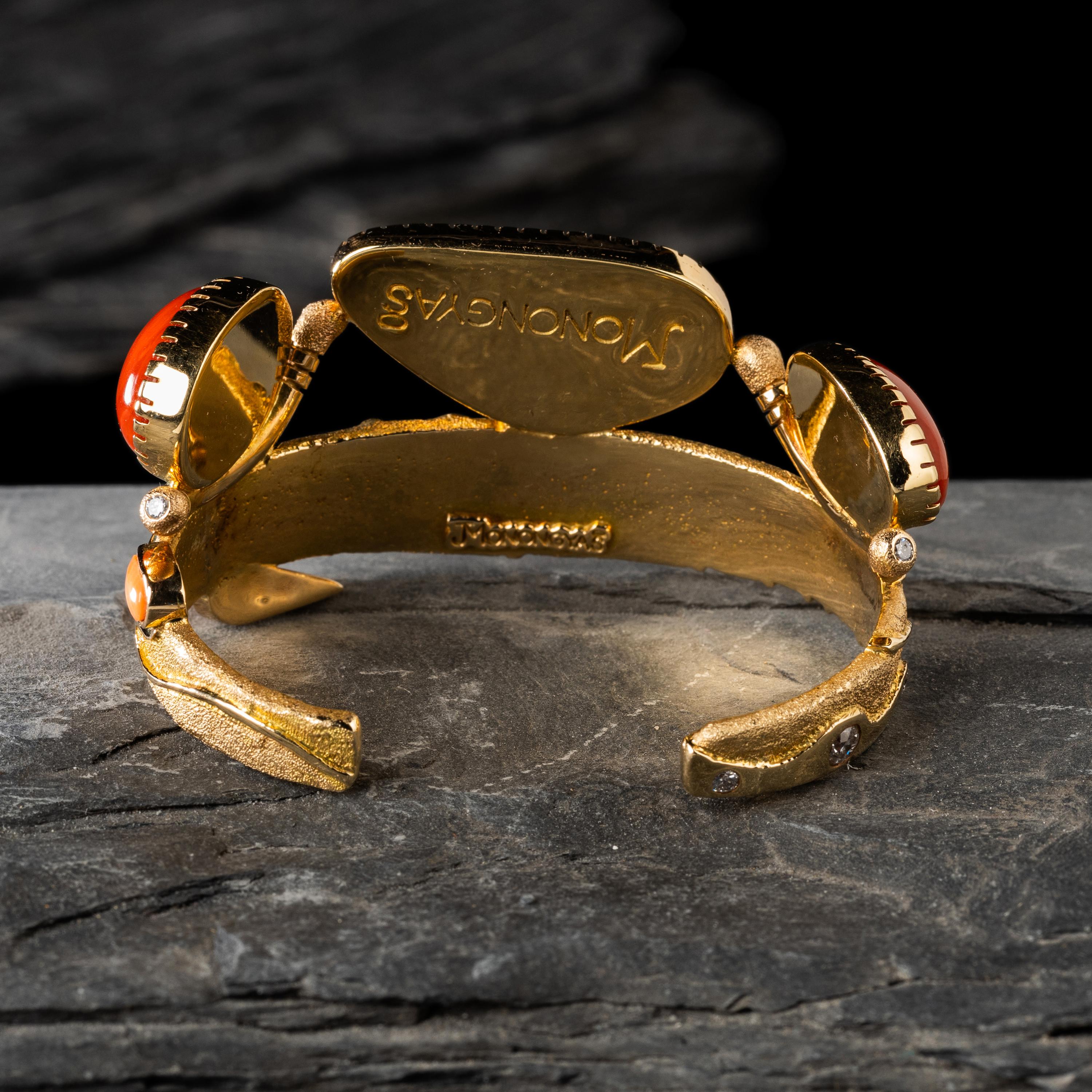 Jesse Monongya (Hopi-Diné, 1952-2024) — Tufa Cast Yellow Gold, Coral, Candelaria Turquoise, and Diamond Cuff Bracelet