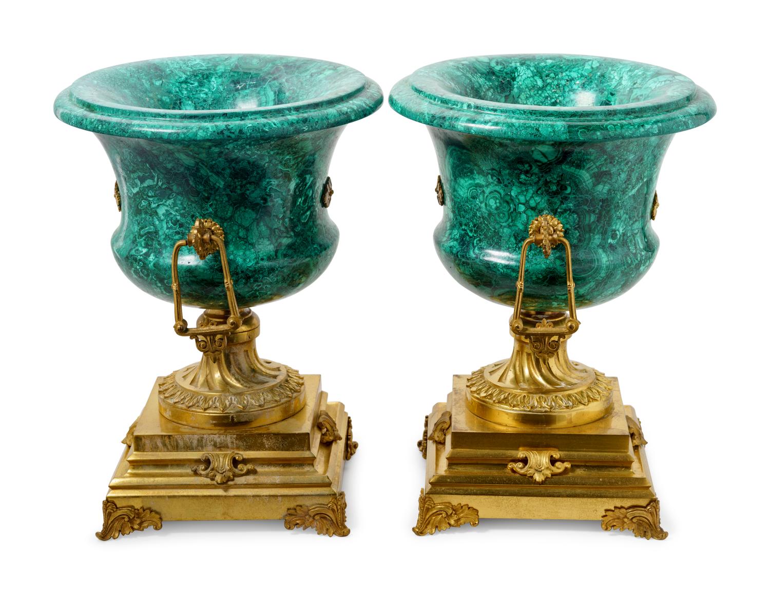 A Pair of Empire Style Gilt Bronze Mounted Malachite Veneered Urns