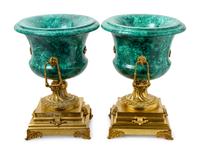 A Pair of Empire Style Gilt Bronze Mounted Malachite Veneered Urns
