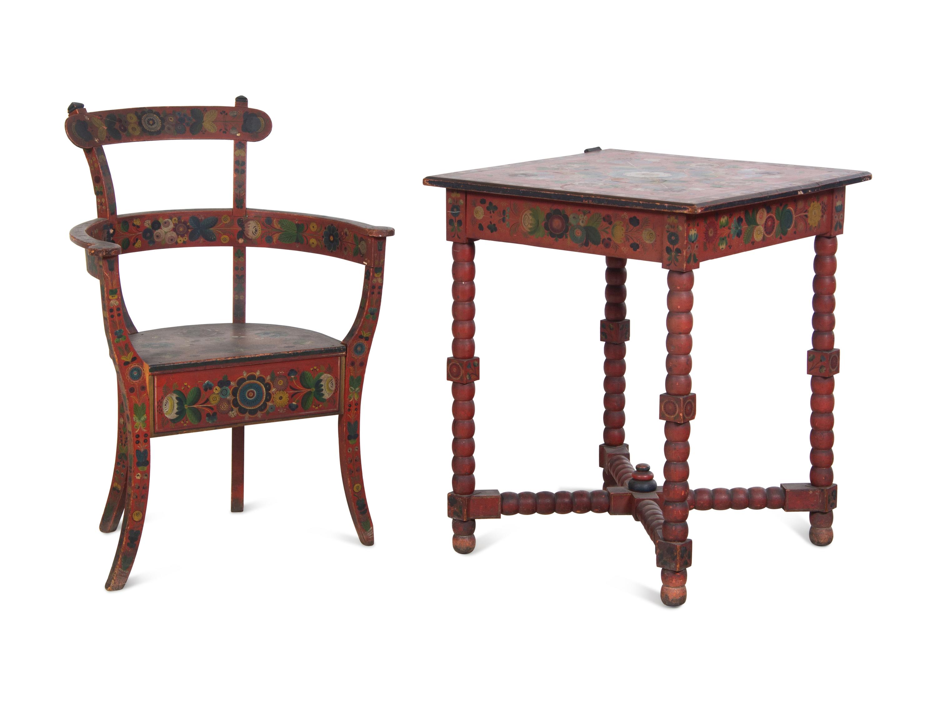 A Norwegian Paint-Decorated Table and Armchair