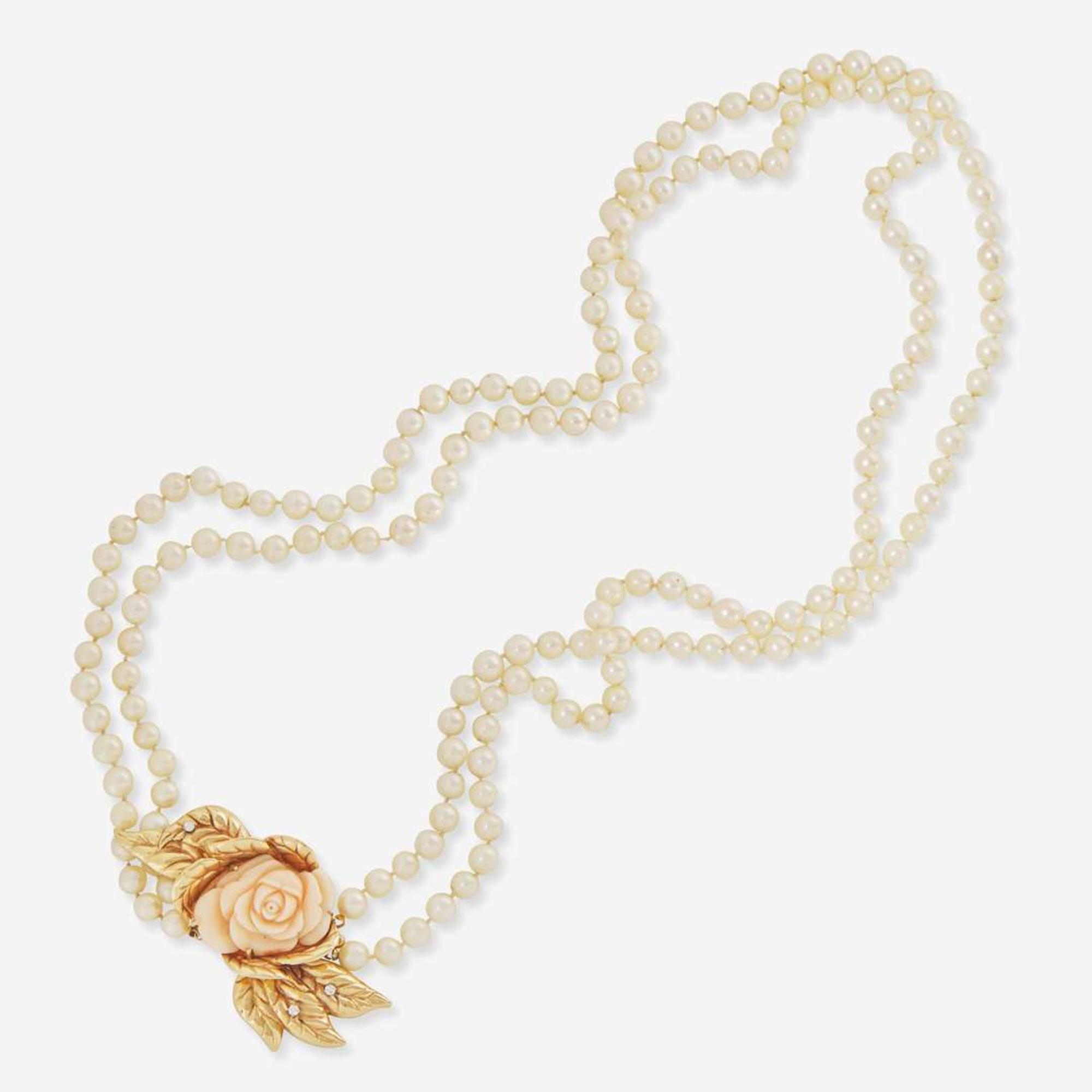 A 14K Yellow Gold, Pearl, Coral, and Diamond Necklace