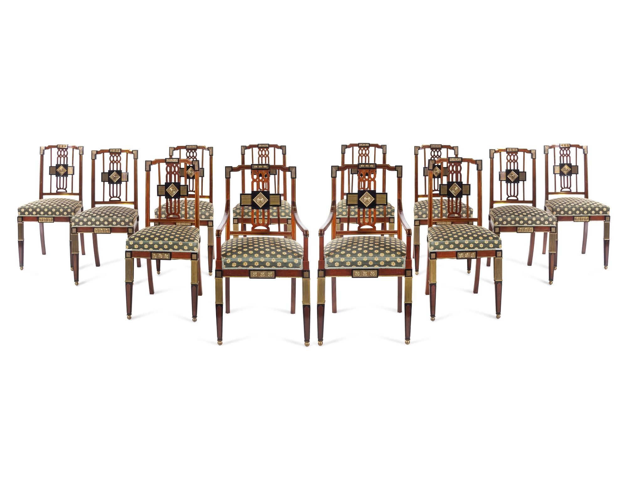 A Set of Twelve Russian Empire Bronze Mounted and Parcel Ebonized Mahogany Dining Chairs