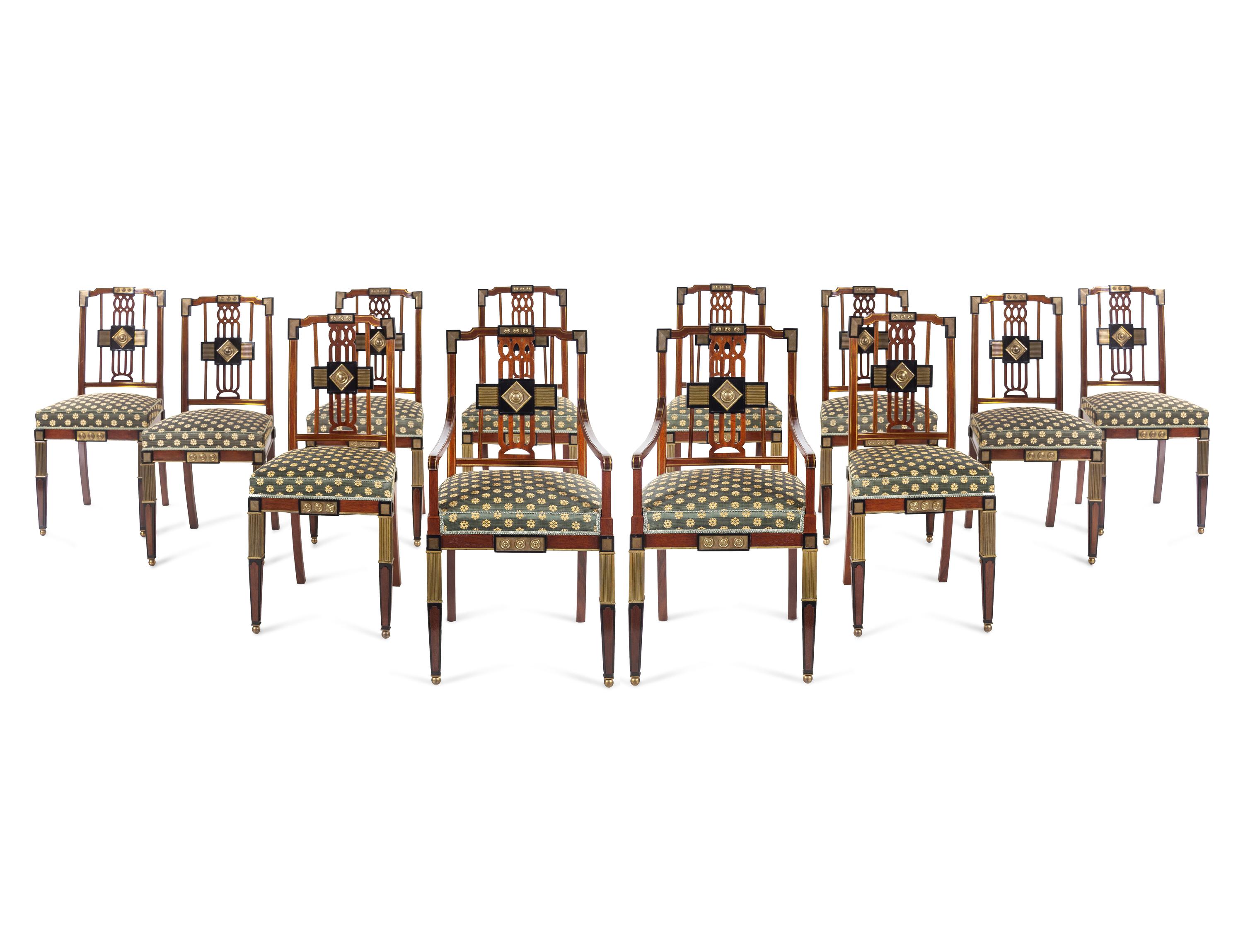 A Set of Twelve Russian Empire Bronze Mounted and Parcel Ebonized Mahogany Dining Chairs