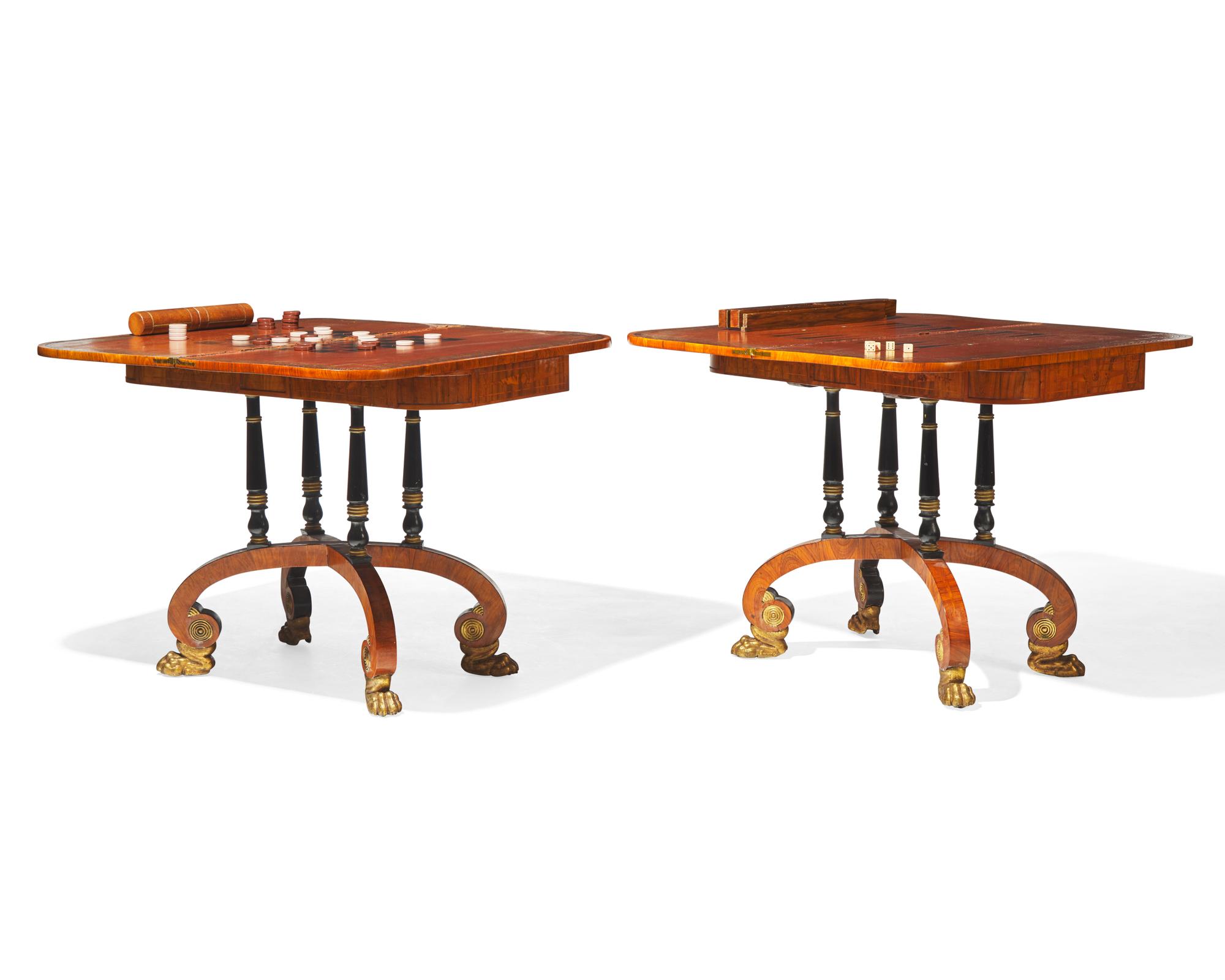 An impressive pair of Regency rosewood and parcel-gilt and ebonized games tables, circa 1820