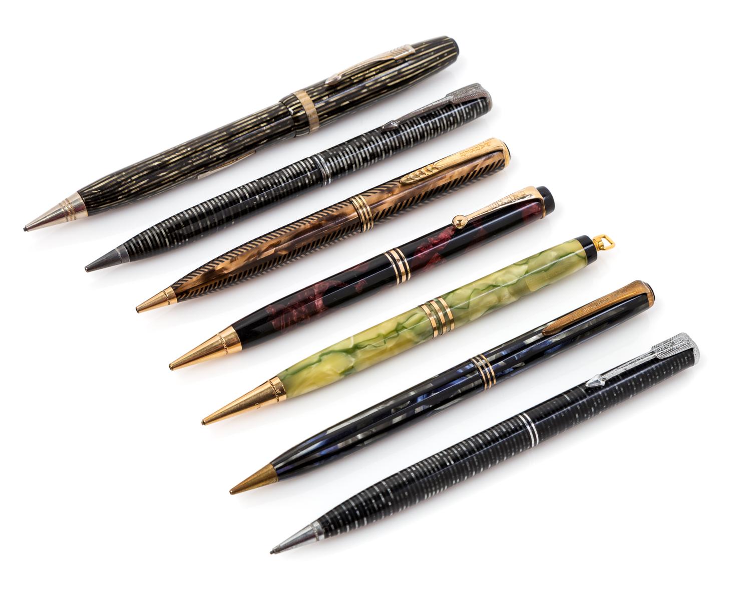A Group of Seven Parker Mechanical Pencils Length of longest 5 1/2 inches.