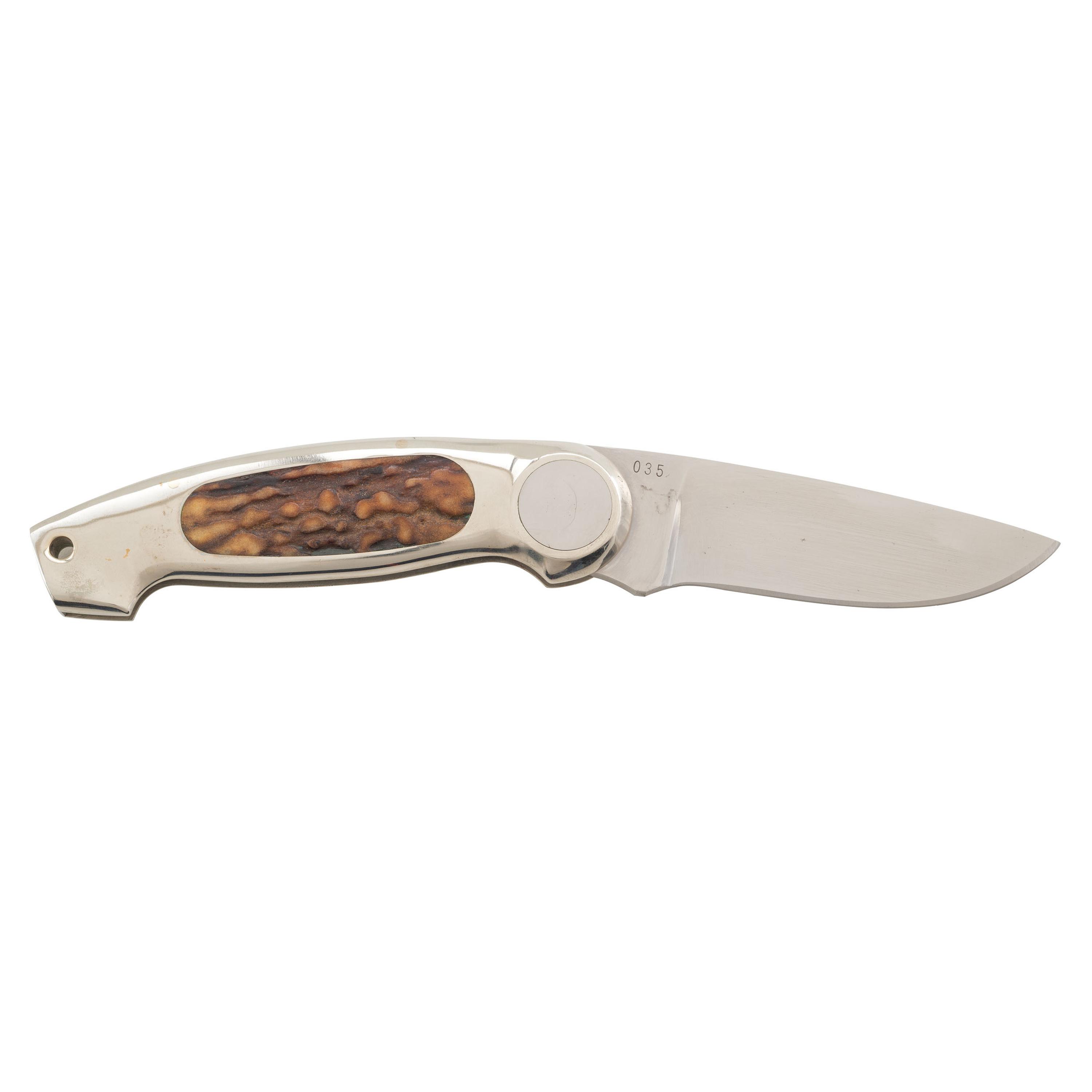 Jimmy Lile Button Lock Folding Knife with Staghorn Grips, No Dot Mark, and Engraved Patent Mark